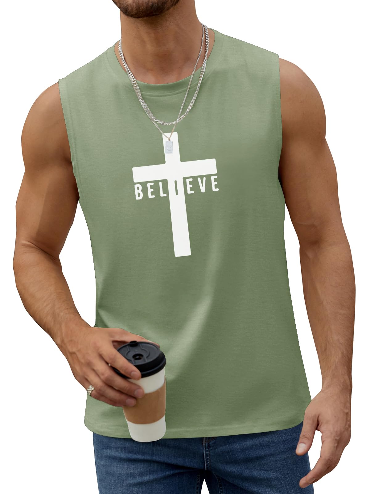 Canotte da uomo in cotone con grafica Gesù Croce Credere stampato Faith Christian camicie, Verde pisello, S