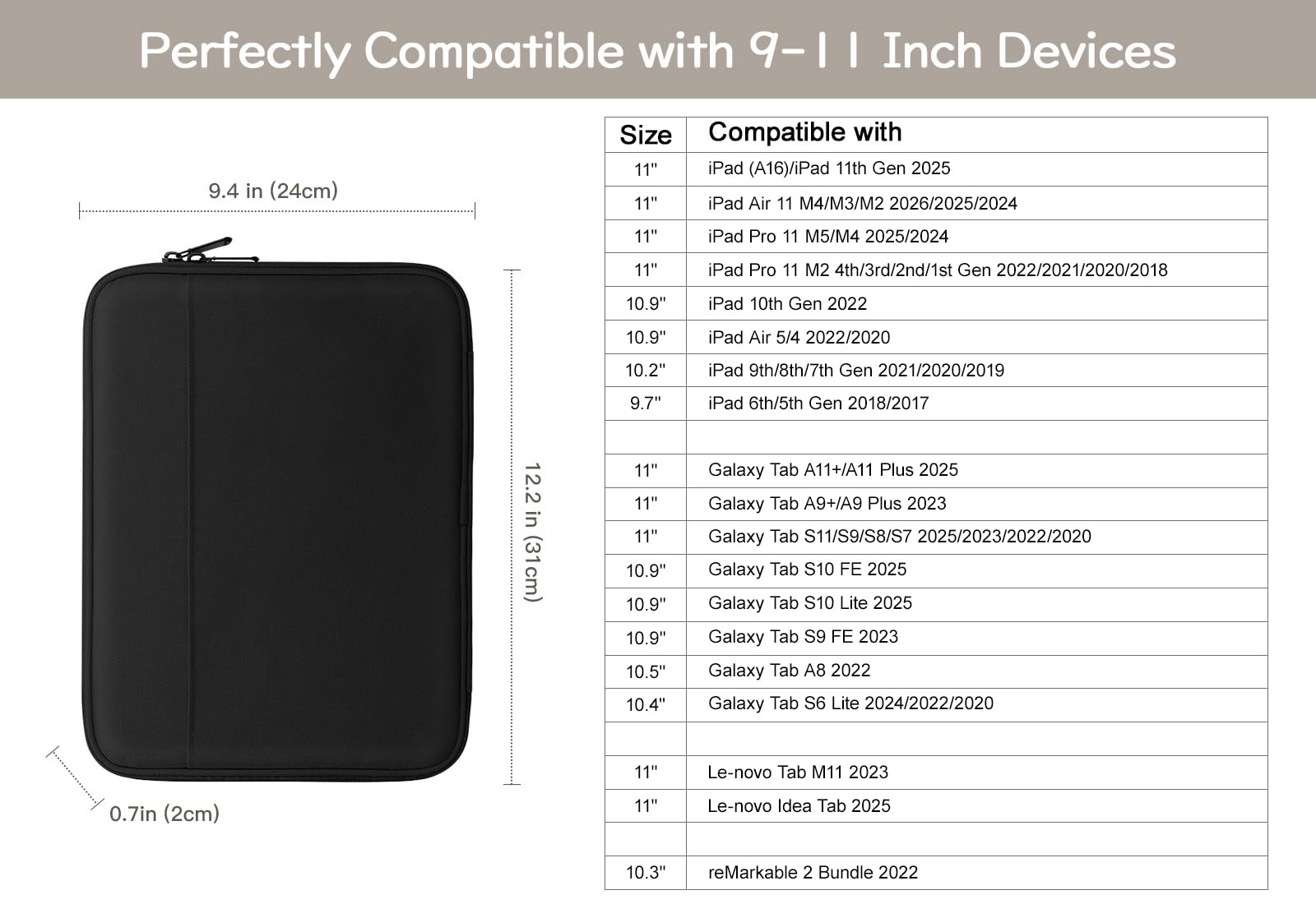 Dadanism 9-11" Custodia Borsa Protettiva per iPad (A16) 11", iPad Air 11" M4/M3, iPad Pro 11" M5/M4, iPad 10a Gen/Air 5 10,9", iPad 9/8/7a Gen 10,2", Galaxy Tab A11+ 11", Tab M11 11", Nero