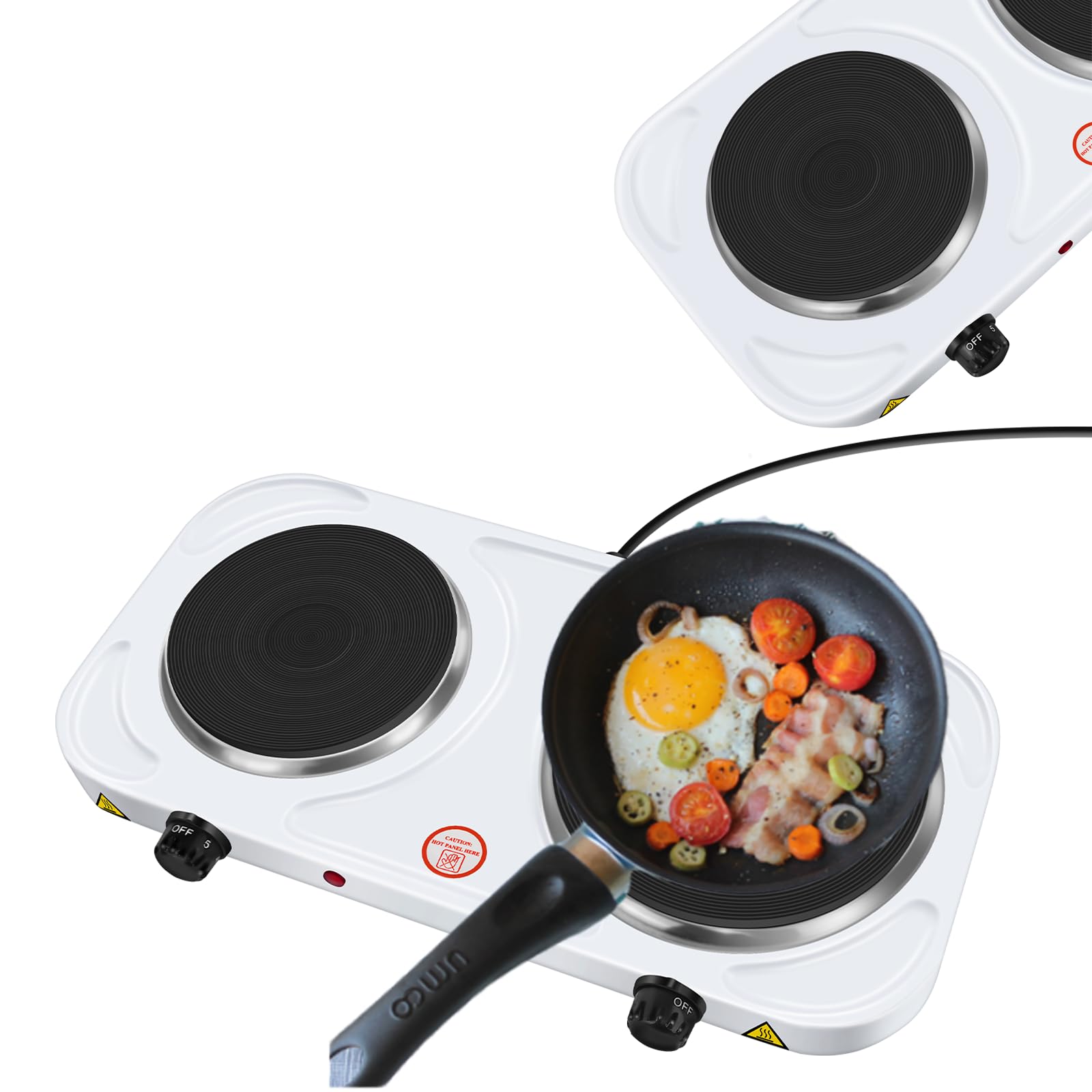 Double Hot Plate Electric Hob Portable, 1000W & 1500W Kitchen Table Top Cooker Double Camping Hob Infrared Cooktop, Durable Cast Iron Heating Element, Variable Temperature Setting, White