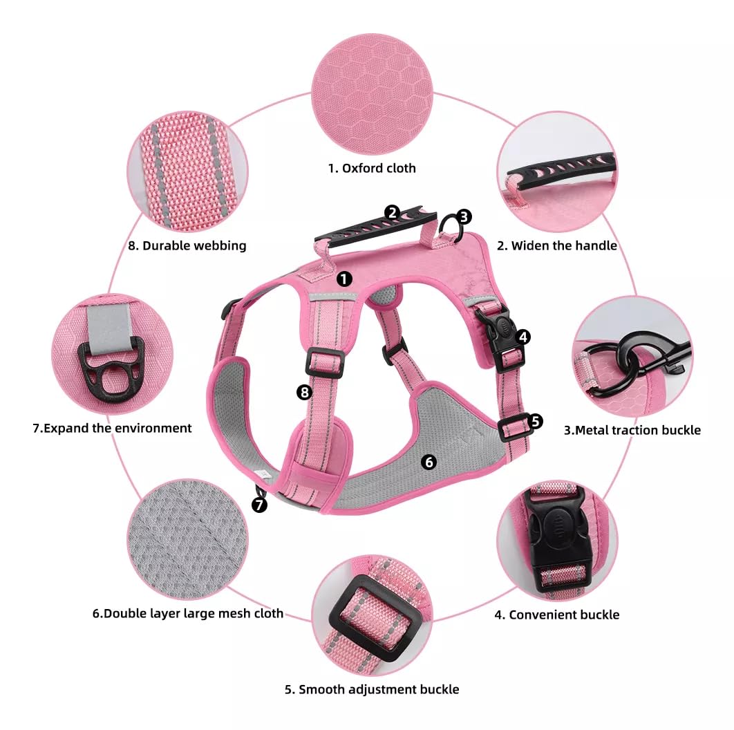Dog Harness No Pull Adjustable Reflective,for Medium and Large Small Dog with Leash 59.06in (Pink, XL) - image 3