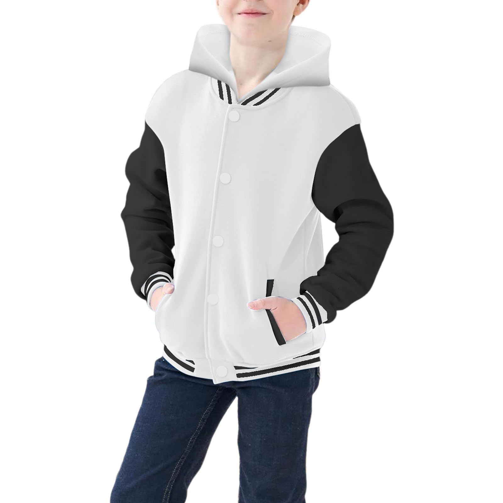 Abrigo con capucha de béisbol con bloques de color y manga larga para otoño y primavera para niños y niñas, combinación de tejidos, con botones a presión, estilo retro americano, moderno.