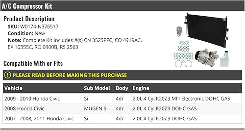 Kit de compresor de A/C con condensador, compatible con Honda Civic 2007-2011 de 4 puertas