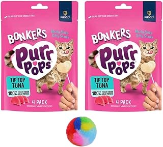 Bonkers Purrpops Tip Top Tuna Flavor Lollipop Freeze-Dried Cat Treats 4 Count, 2 Packs, Plus 1 Cat Pom Pom Balls Toy