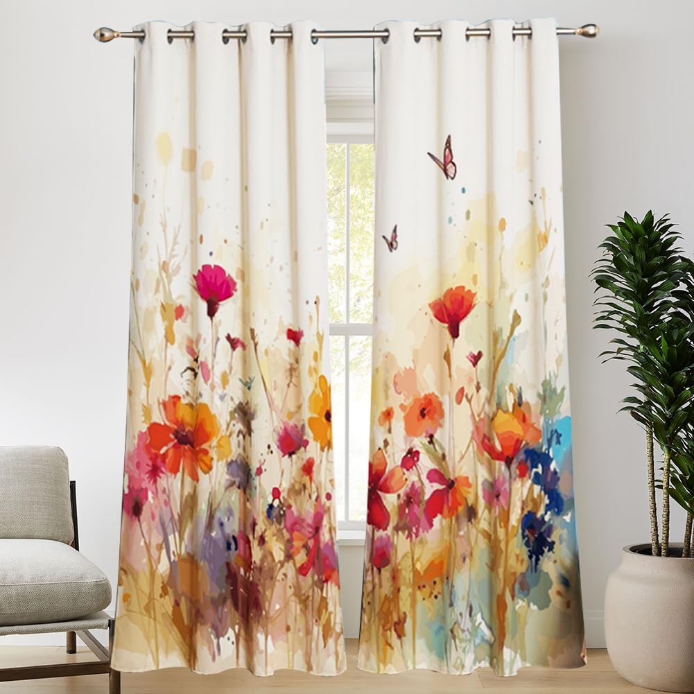ZBOOM Blumen Vorhänge, Bunt Aquarell Blume mit Ösen Gardinen mit Blickdichte Thermo Vorhang Kälteschutz Blackout Curtain Mädchenzimmer Verdunkelung Fenster, 2 Stück, H 210 x B 132 cm