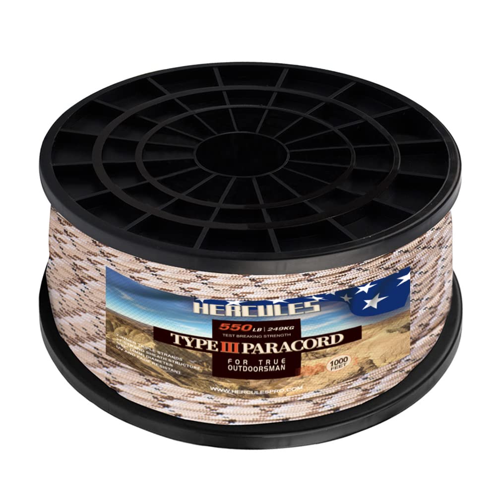 HERCULES Type III Paracord 550 Paracord Rope Parachute Cord, 1000' Camo for Survival Rope, Survival Cord
