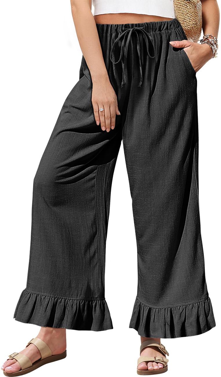 TARSE Womens Linen Casual Pants Flared Leg Wide Leg Drawstring Ruffle Harem Palazzo Pants with Pockets