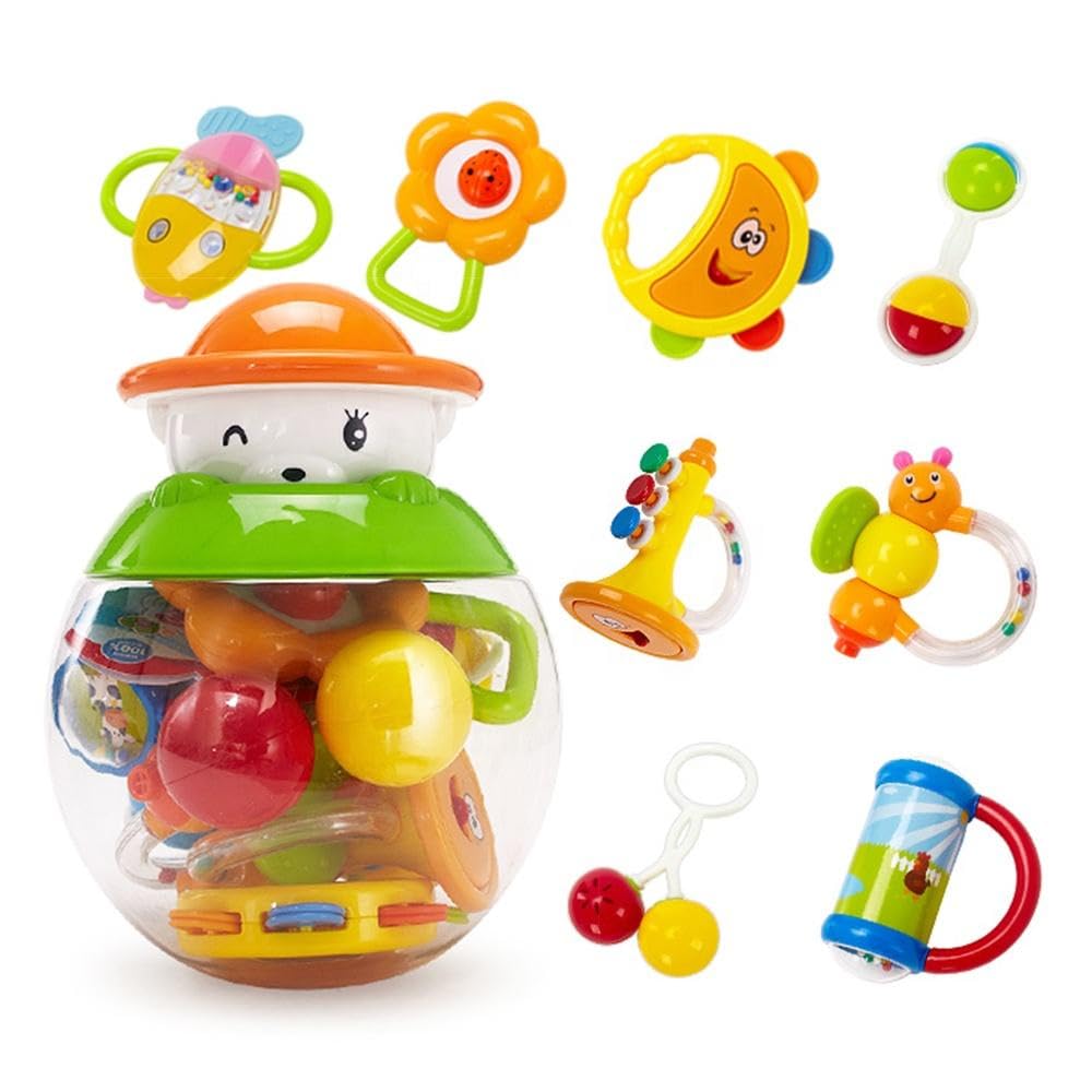 Goodway Baby Rattle Teething Toys Set, 8 Pieces, Shaker and Spin Rattles, Sensory and Motor Skill Development for 0-12 Months