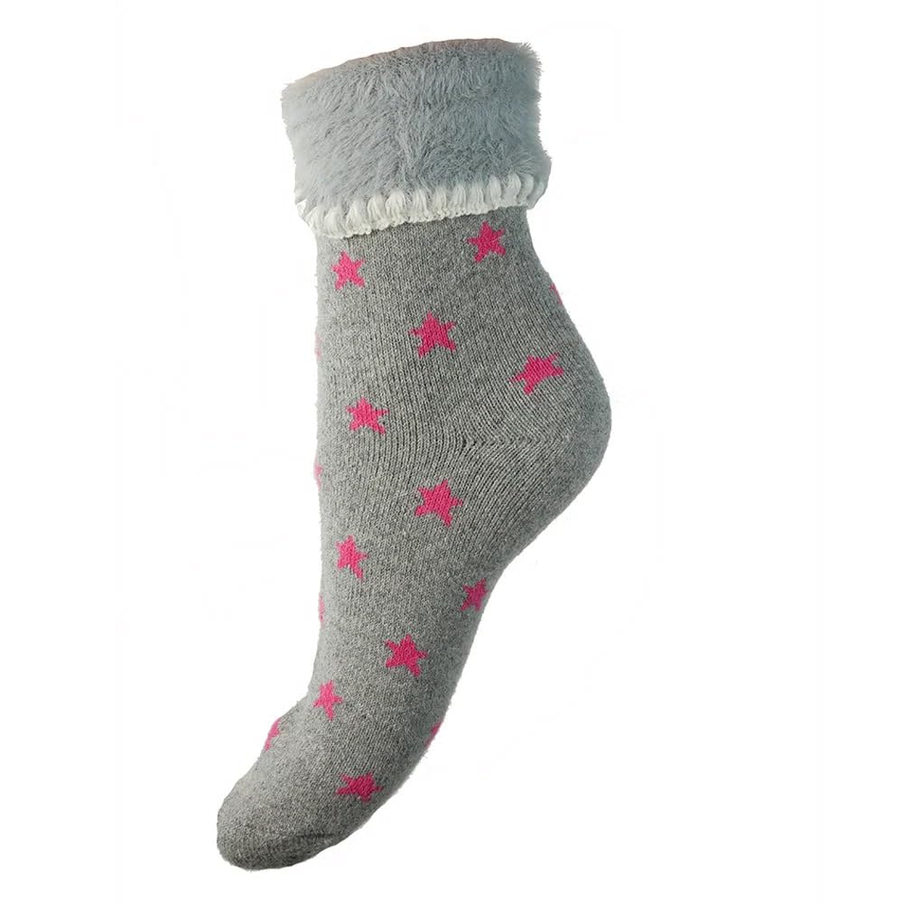 Joya Luxurious Cuff Socks With Pink Stars And Faux Fur UK 4-7