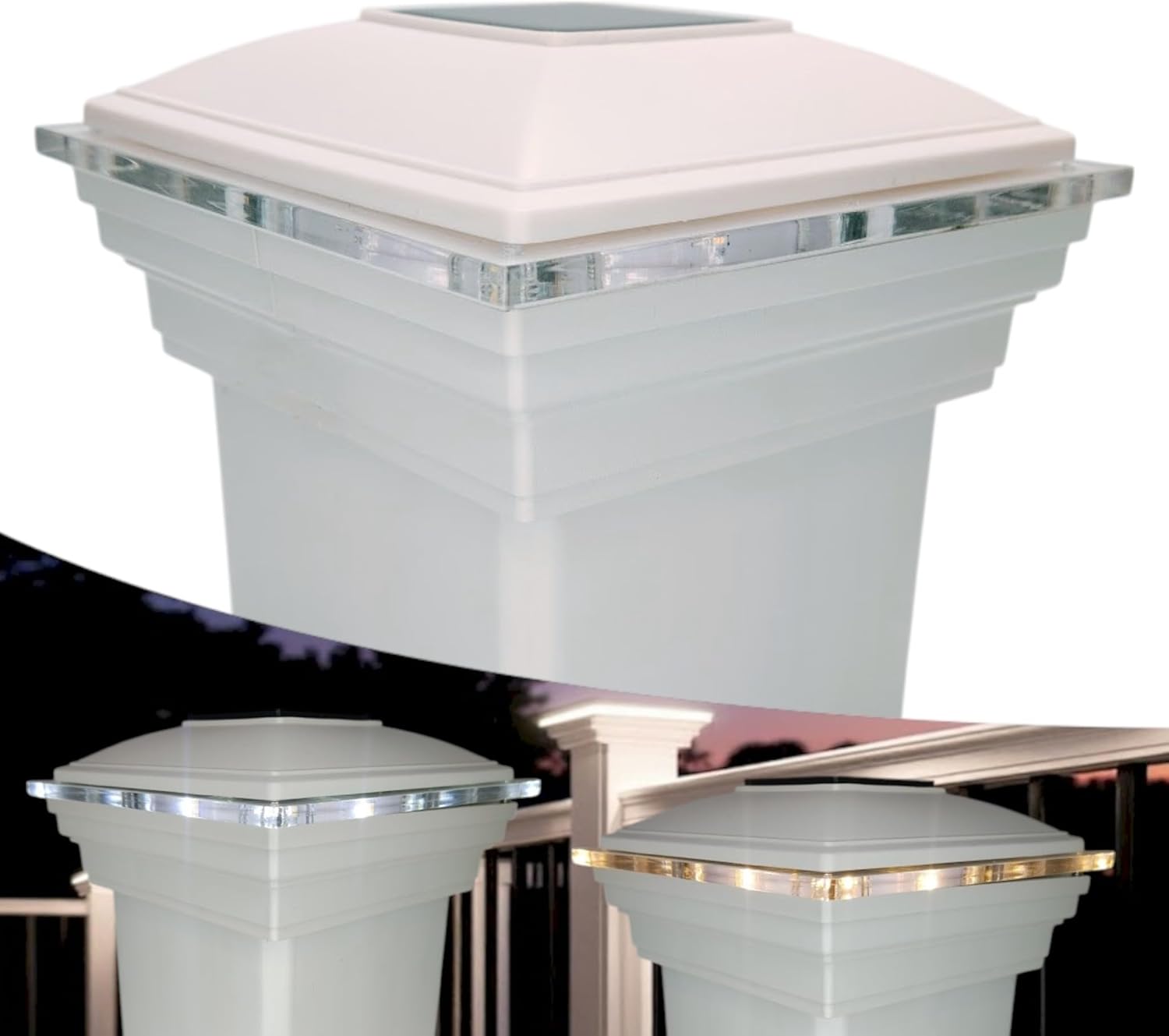 DekLights® Solar Lighted Post Cap for Trex Posts. Our Glass Edge Style Lens. to use with Your Trex Deck railings. White Molded top with Trex Classic White Base. Warm or Bright LED Selectable