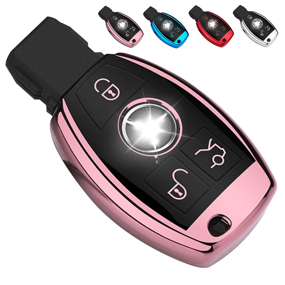 QBUC for Mercedes Benz Key Fob Cover, Key Fob Case for Mercedes Benz C E M S CLS CLK GLK GLC G Class, TPU Full Protection Key Fob Shell Compatible Keyless Smart Key Fob(Pink)