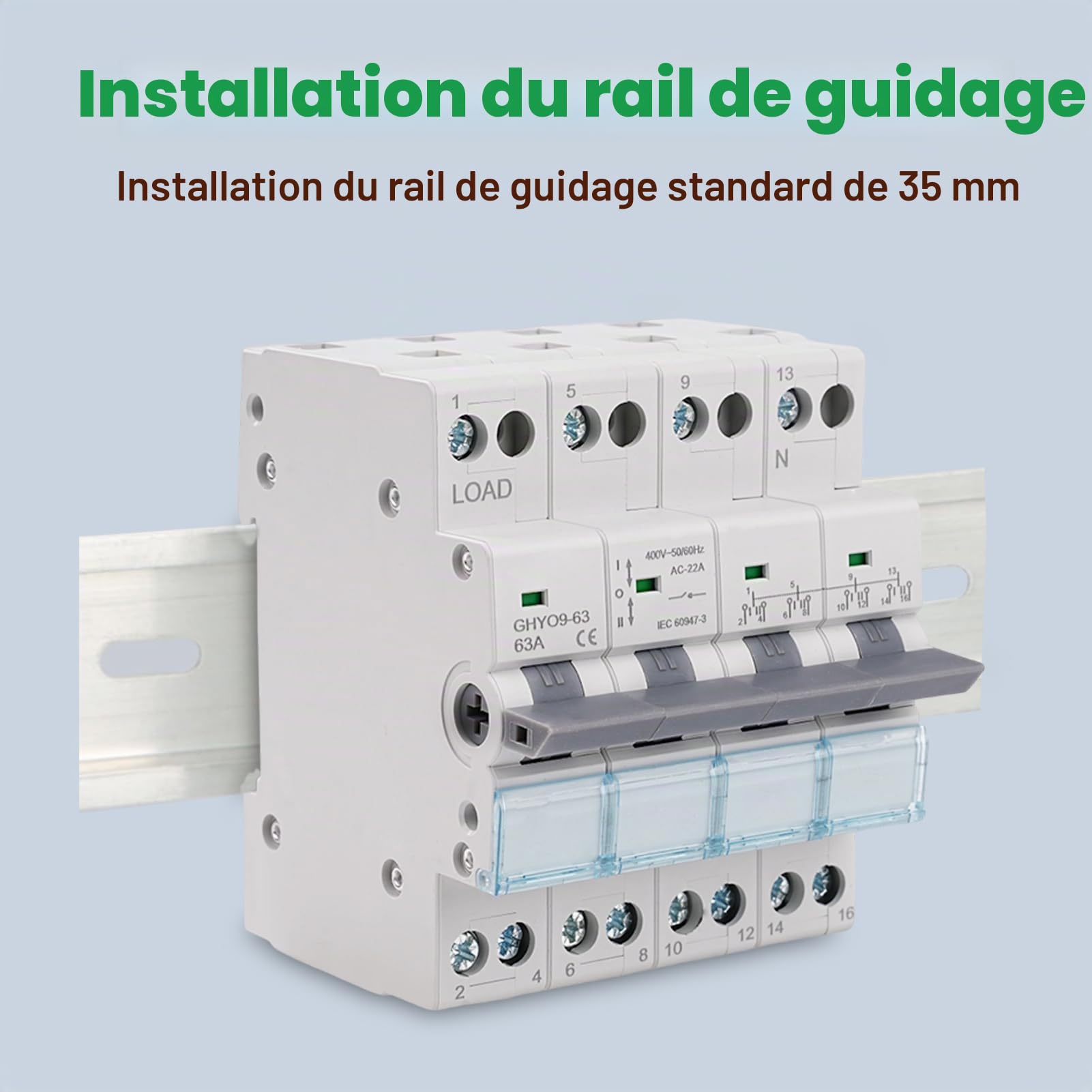 Commutateur de Transfert 4P 63A Inverseur de Source Manuel 400V AC Sectionneur Manuel Dual Power Rail DIN Commutateur Manuel