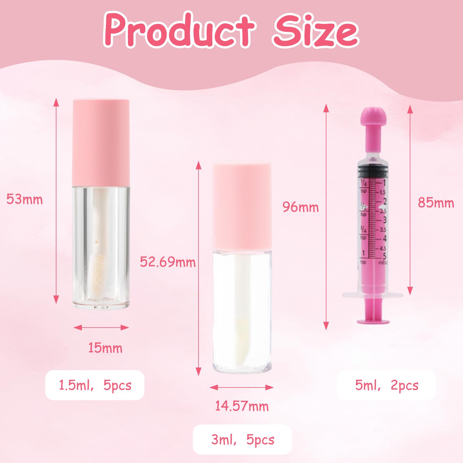 5 1.2ML Lip Gloss Tubes,5 3ML Mini Refillable Lip Balm Bottles,Empty Lip Gloss Tube,with 2 5ML Syringes,Unique Leak-Proof Design,Small and Easy to Carry,Suitable for DIY Lip Gloss,Lipstick (Pink) - Image 2