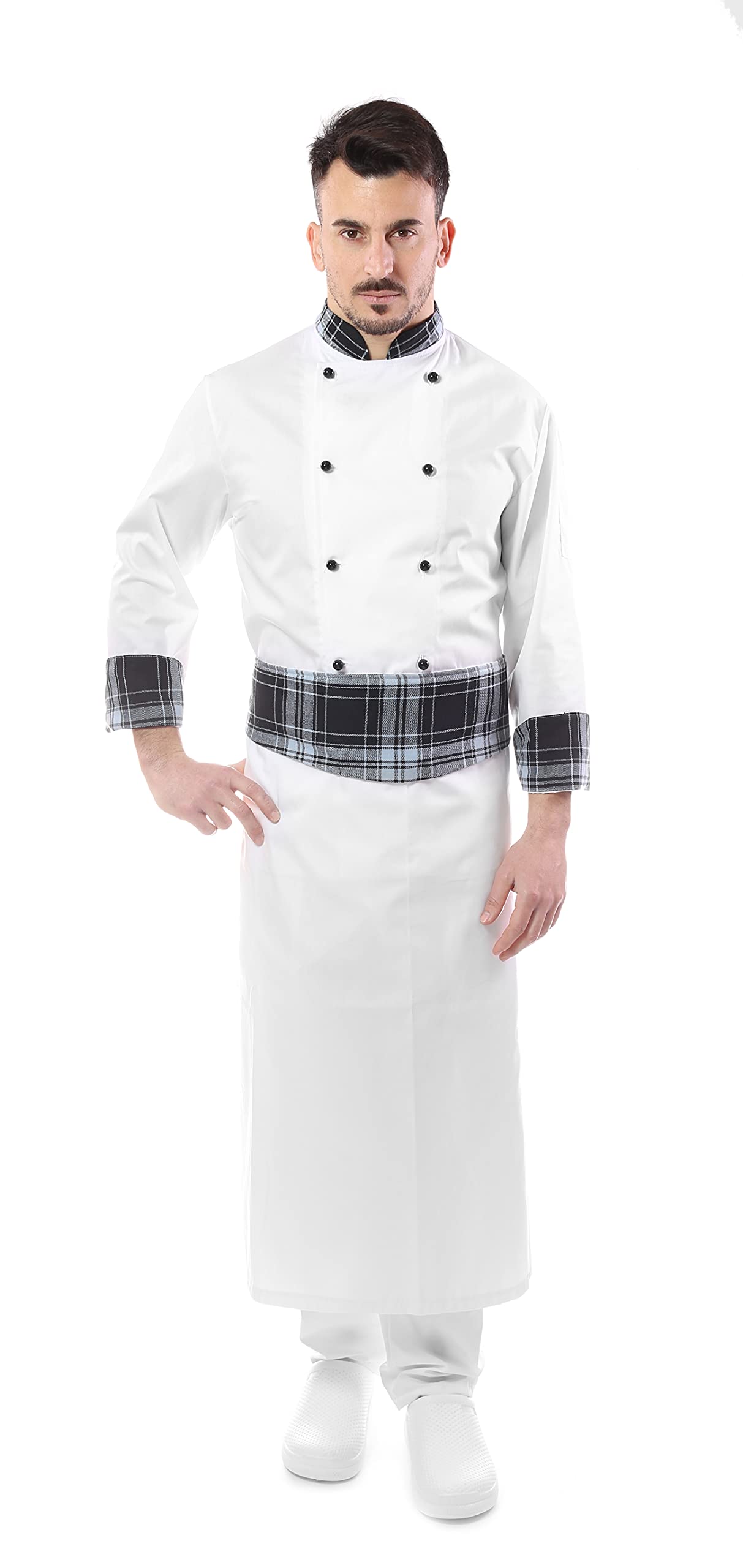 Bordado Gratuito Completo Cocinero Hombre Uniforme Chef Blanco, Escocés Personalizable Chaqueta, Pantalones y Delantal Uniforme para Cocina y Restaurante Made in Italy,