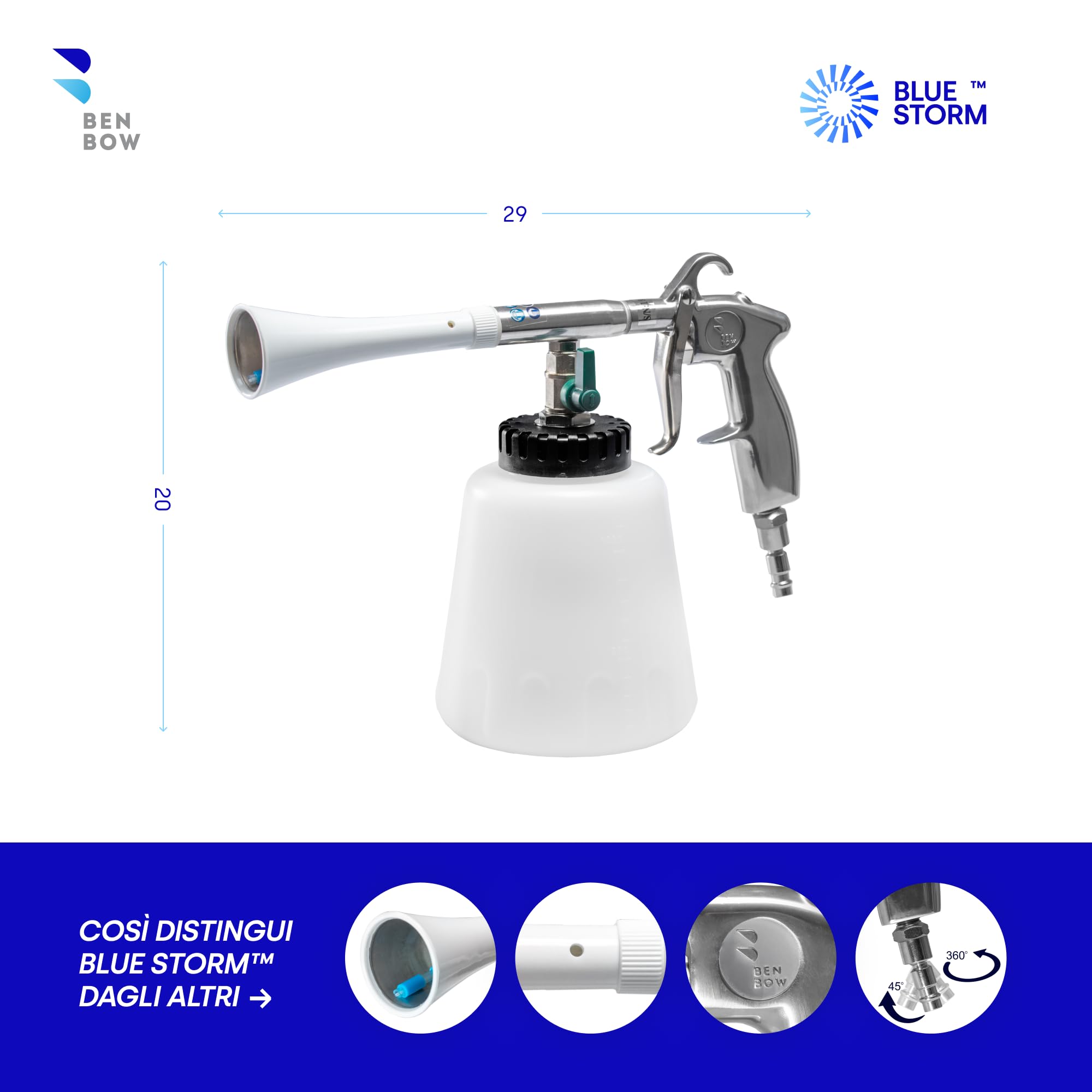BenBow Pistola ad Aria compressa PRO Blue Storm – Molto Durevole, Robusta – per Una Pulizia approfondita e Senza Contatto: Auto, Camion, Bus, Imbottiti – Anche per soffiaggio