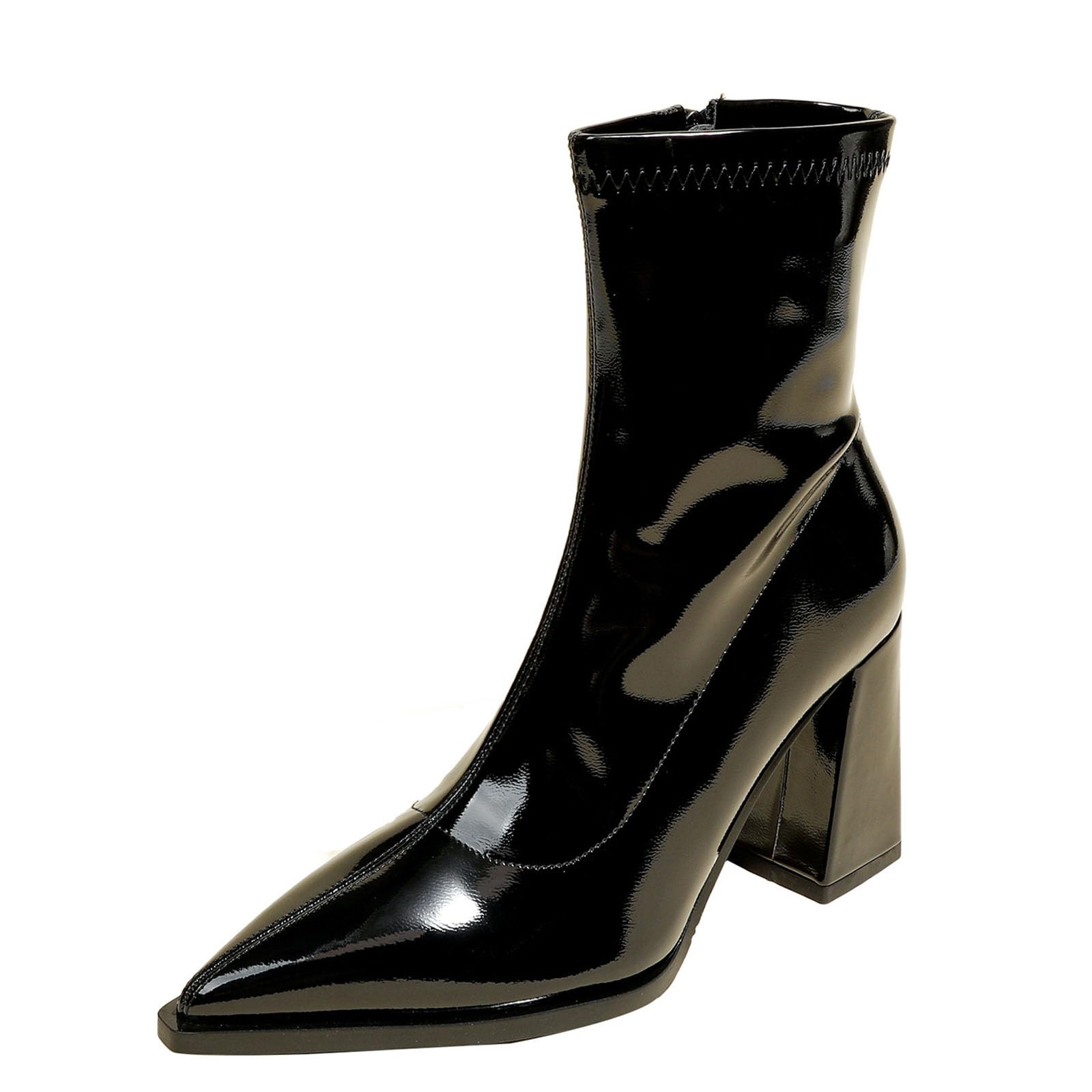 Womens Patent Leather Pointed Toe Chunky Heel Ankle Boots Casual Comfort Side Zipper Block Heel Dress Short Boots