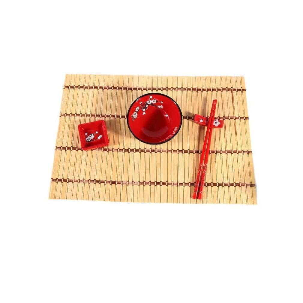 lachineuse - Set di riso tradizionale giapponese - Per 2 persone - Porcellana - Ciotole, pentole, bacchette e tappetino di bambù - Nero e rosso - Stoviglie cinesi - Regalo di porcellana asiatica
