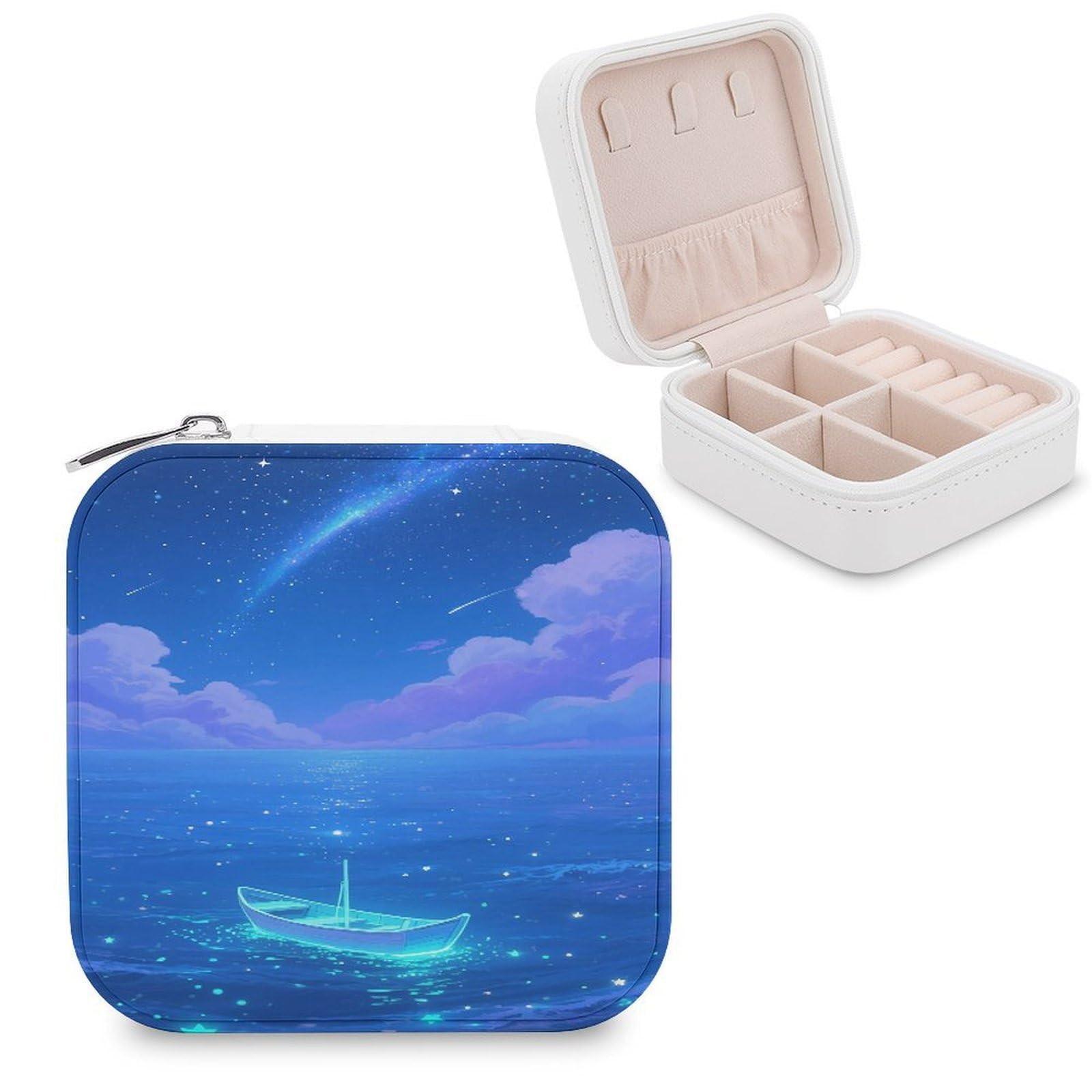 VstaDank Fluorescent Sea Jewelry Box for Women Jewelry Organizer Storage Case with Zipper Mini Travel Jewelry Case Cute Trinket Organizer Leather Portable Jewelry Storage Box