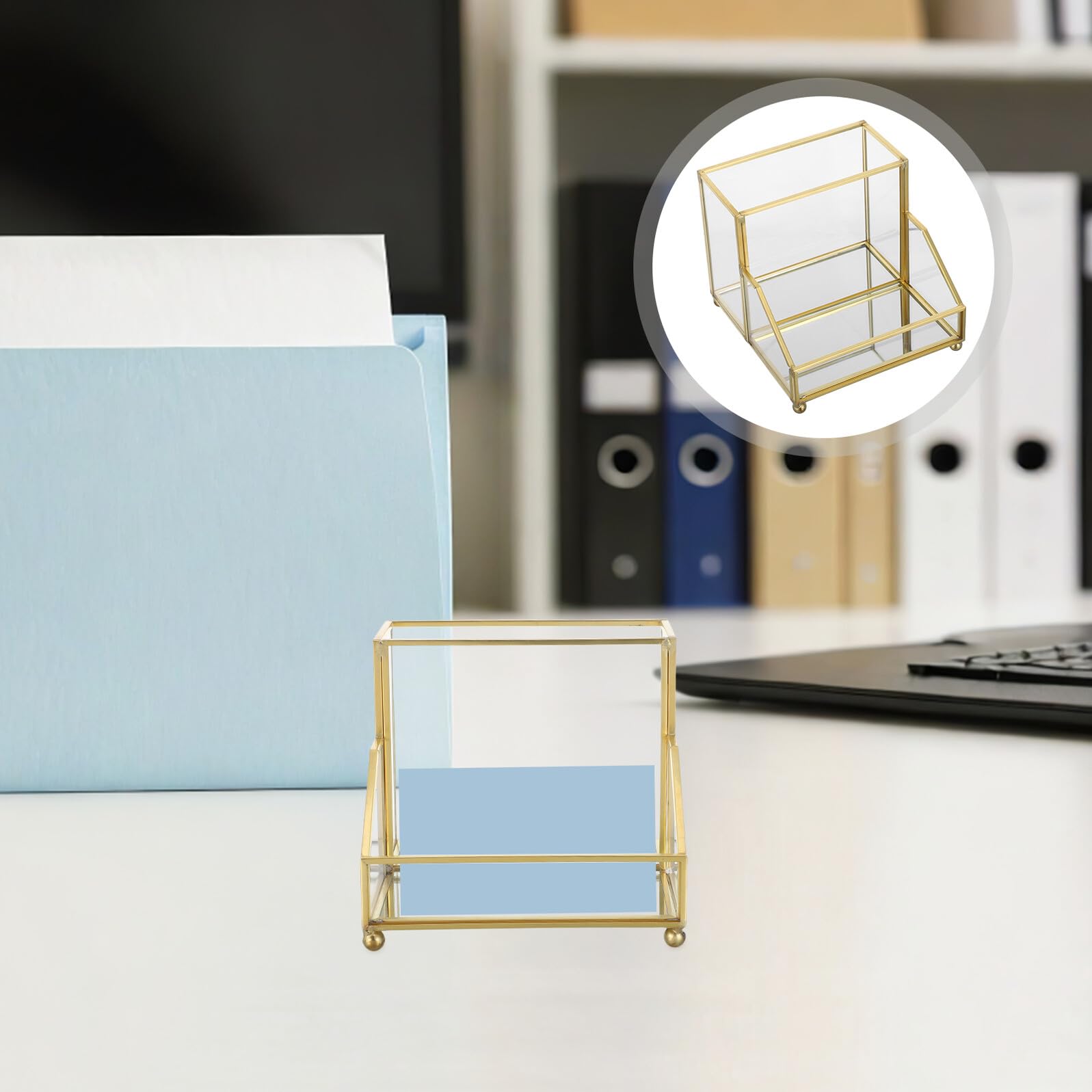 Tarjetero de Vidrio E Hierro con Marco Dorado para Escritorio | Borde Dorado Elegante, Uso en Mesa y Oficina, Intercambio Rápido de Tarjetas