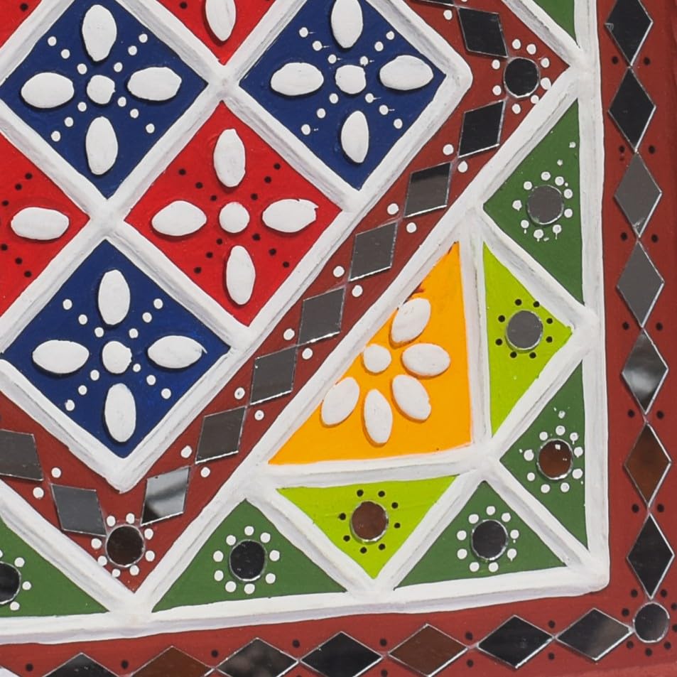 Image of Ethnics of Kutch Traditional Kutch Handicraft Mud-Mirrorwork Lippan Kam Wall Art (Water and Break Resistant) - Square (12 inch x 12 inch) - (Green LKT-0273)