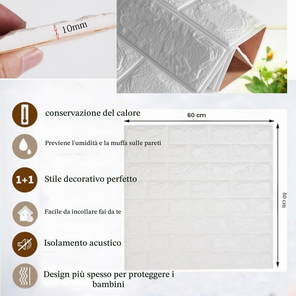 LEISU 3D Carta da Parati Mattoni Bianco DIY Adesivi Muro di Mattoni Imitazione PE Schiuma Impermeabile Brick Wallpaper Stickers per Cucina Bagno Soggiorno Salone da letto Ufficio 60x60cm (10 Pezzi)