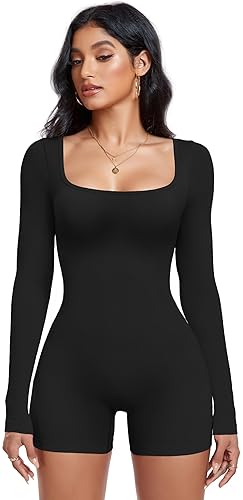 OLCHEE Womens Long Sleeve Workout Jumpsuit Square Neck Ribbed Seamless Yoga Romper Sexy Bodycon Tummy Control Unitard Onesie - Shorts: Black - Large