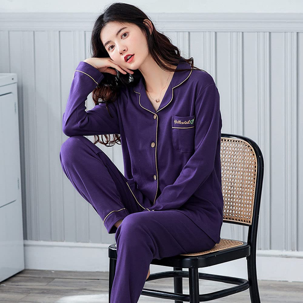 Manga Larga Pijama De Mujer De Dos Piezas,Conjunto De Pijamas Para Mujer, Cuello De Muesca, Manga Larga, Botones, Pijamas De Algodón, Pijamas Púrpuras, Pijamas De Otoño Invierno Para Mujer, Regal