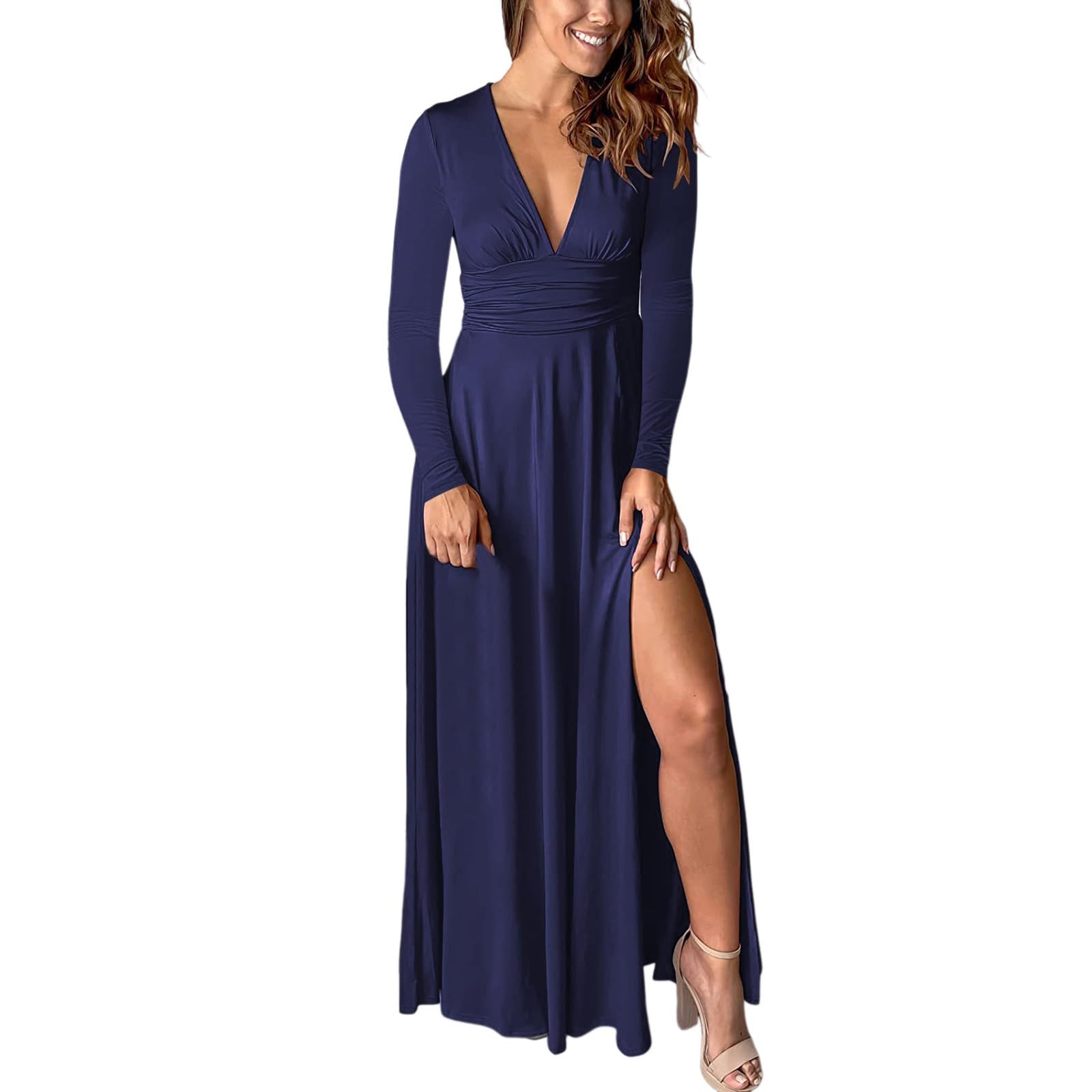 Vestido Largo de Noche para Mujer con Manga Larga y Corte en V Plisado Elegante para Cóctel