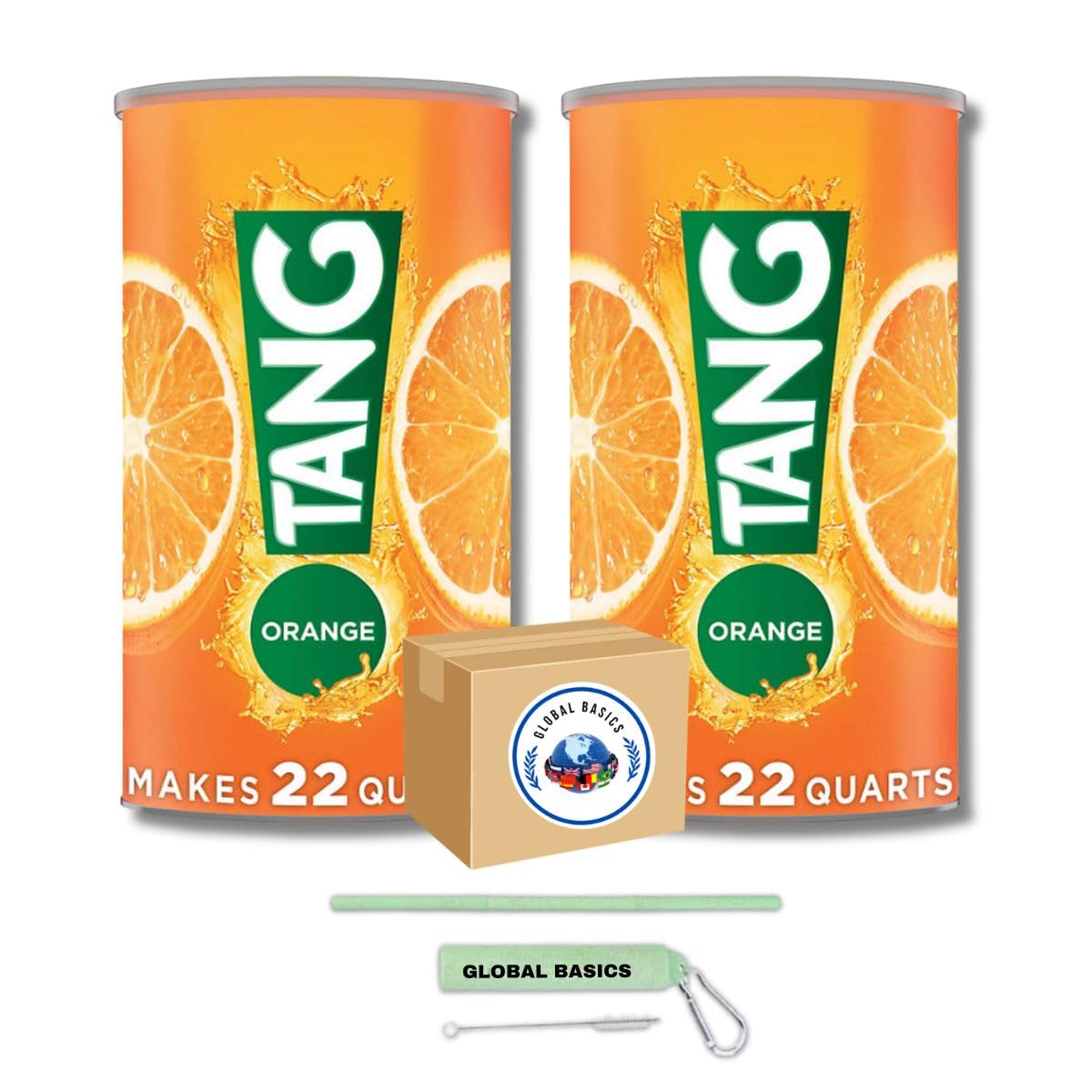 Tang Orange Flavored Powdered Drink Mix | Pack of 2 | 72 oz Per Canister - 144 oz TOTAL | Includes A Global Basics Reusable Straw Set!