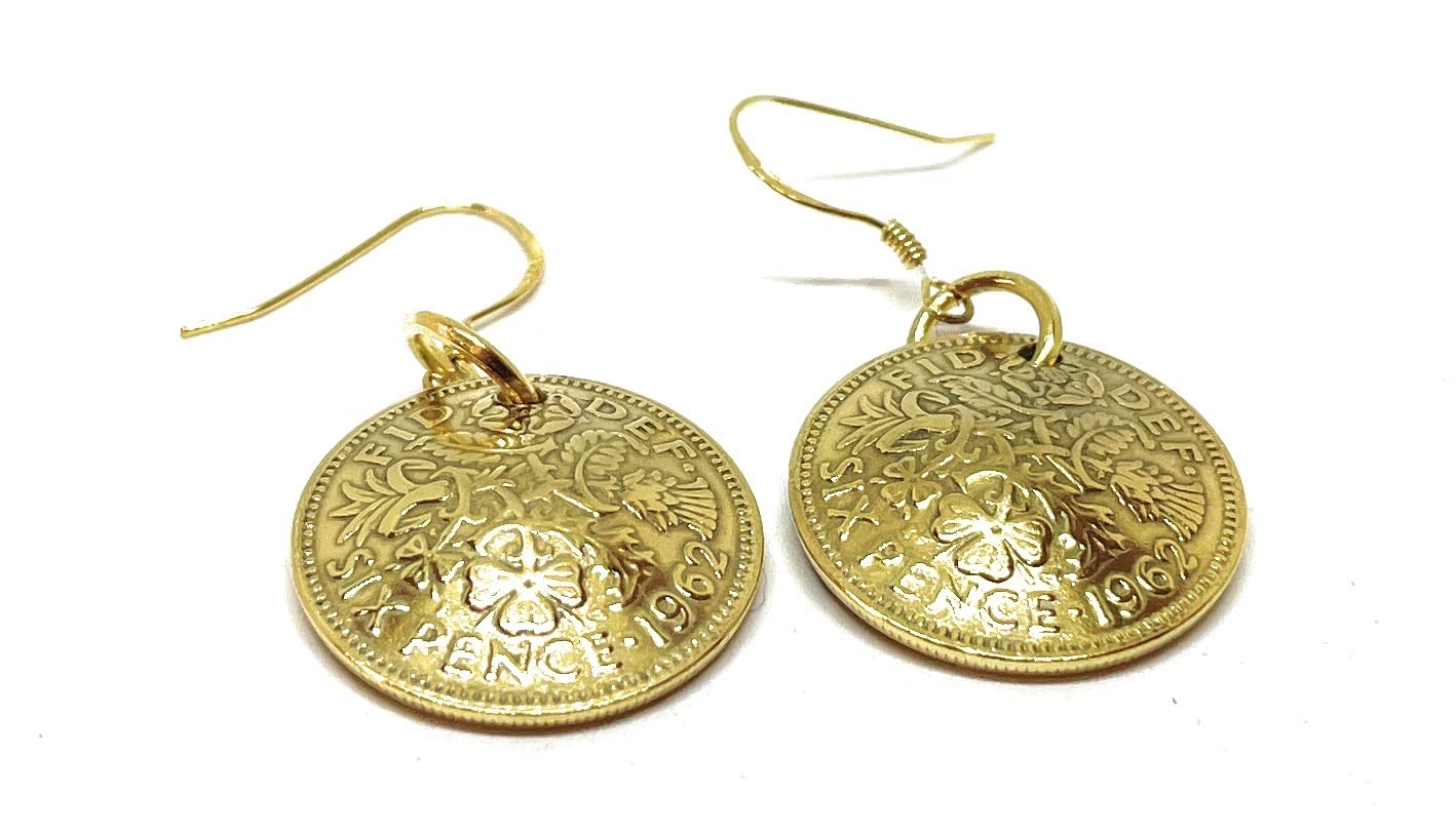 1962 Lucky Gold Plated Sixpence 61st Birthday Domed Sixpence Gold Plated Earrings, Mothers Day, Birthday, Gift for her, Sterling Silver, Other Clasp Type