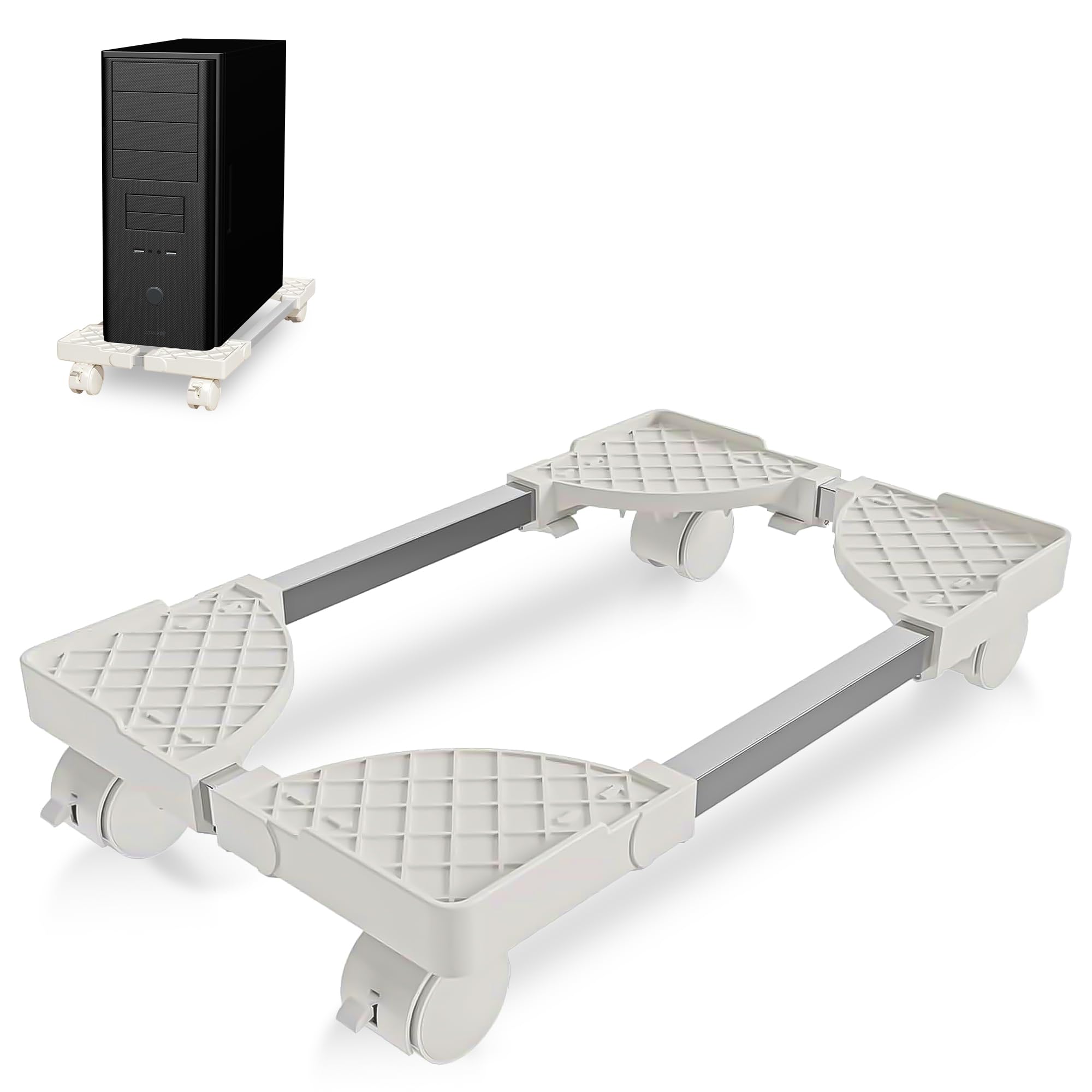 Supporto PC Tower con Ruote Base Regolabile: Telaio in Metallo Robusto per Raffreddamento e Mobilità CPU – Per Lavoro da Casa (Bianco)