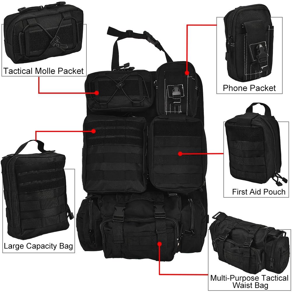 XhuangTech Organizer tattico per sedile auto, resistente, protezione posteriore con 5 tasche staccabili, organizer tattico universale per sedile anteriore e posteriore, per la maggior parte delle auto