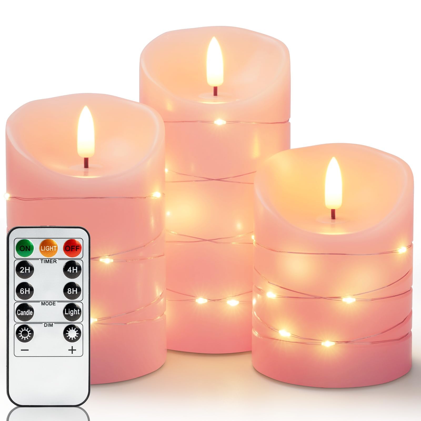 Homemory Flammenlose EchtesWachsKerzen mit Lichterkette, Eingebettete Lichterkette LED-Kerzen, Elektrische Flackerkerzen mit Fernbedienung und Timer, Rosa, 3er-Set