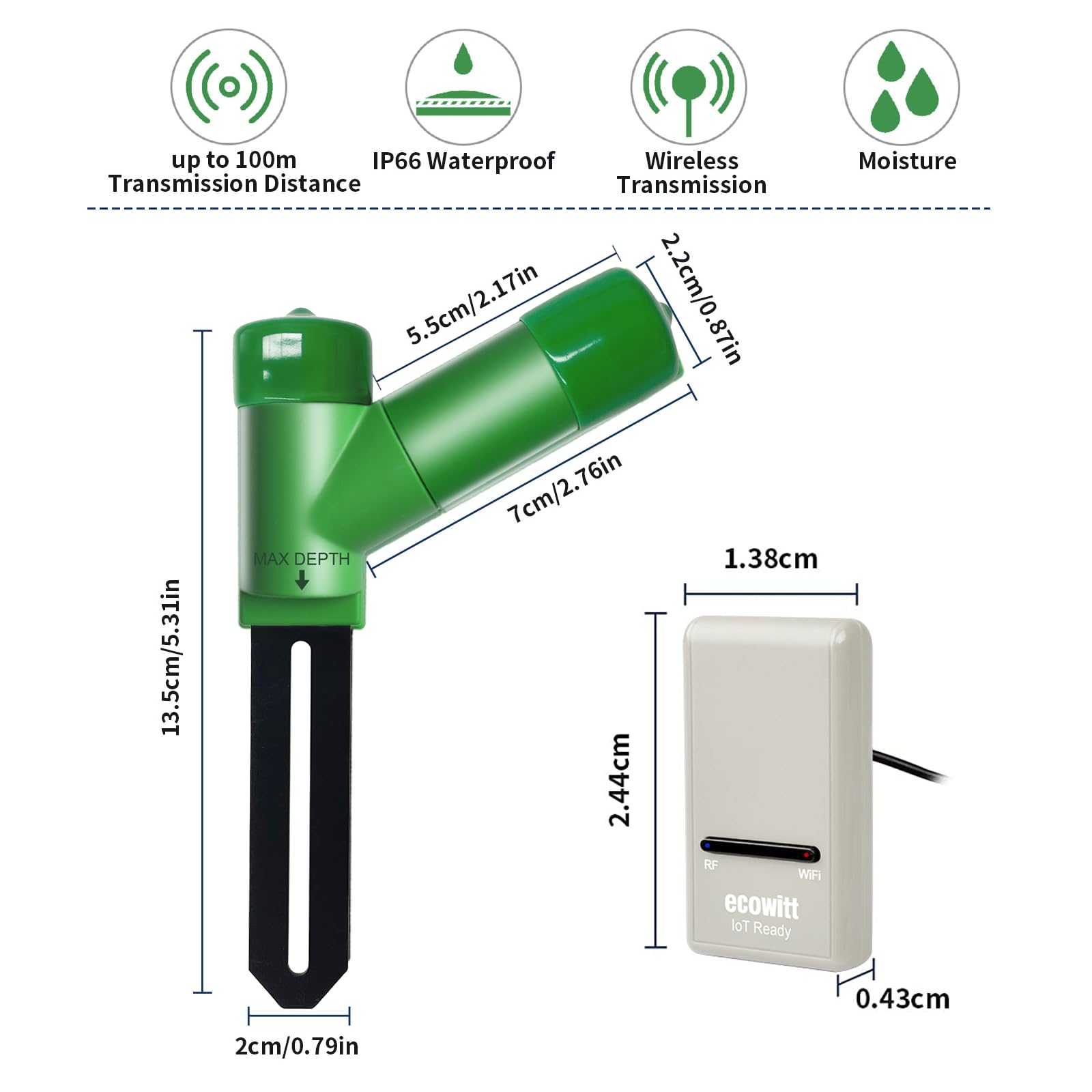 ECOWITT GW1206, Sensore di umidità del Suolo Senza Fili WH51, Tester igrometrico del Suolo vegetale + Gateway IOT Wi-Fi 3 in 1 GW1200