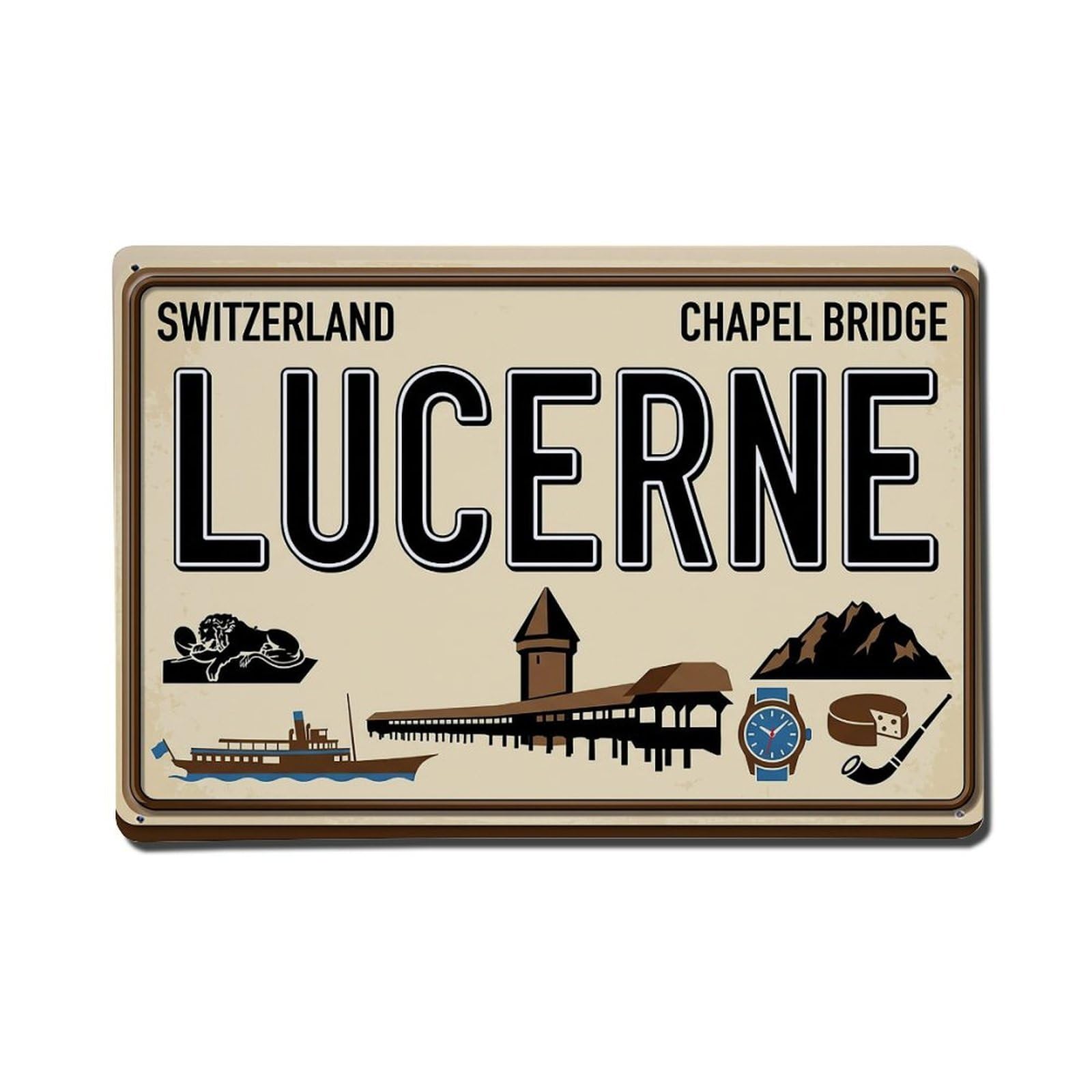Cwbufd 8X12inch(20X30cm) Vintage Travel Lucerne Chapel Bridge Lion Metal Tin Sign Plaque Wall Decor For Cafe, Club Bar, Office, Garden Metal Poster 8X12inch