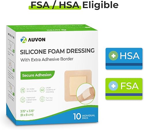 Miniatura 6 de AUVON Apósito de espuma de silicona con borde adhesivo grande, 3 x 3 pulgadas, 10 paquetes de vendajes para heridas con alta absorbencia, apósitos