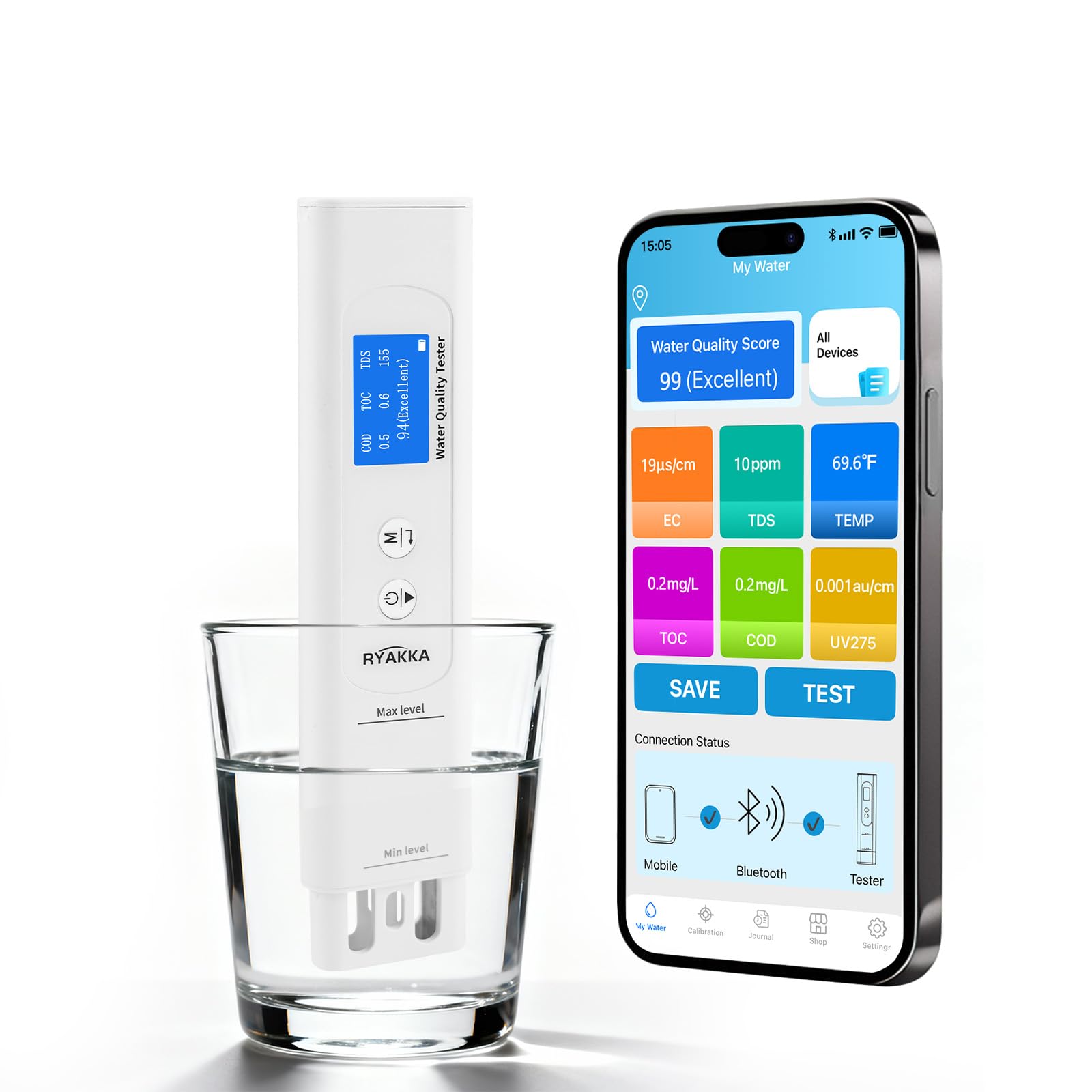 6-in-1 Trinkwassertester mit App Tds Messgerät mit Intelligente Wertung & Kalibrierung Digitaler Wasserqualität Tester für Haus & Camping | TOC, COD, EC, UV275, Temp & TDS（WTP-02）