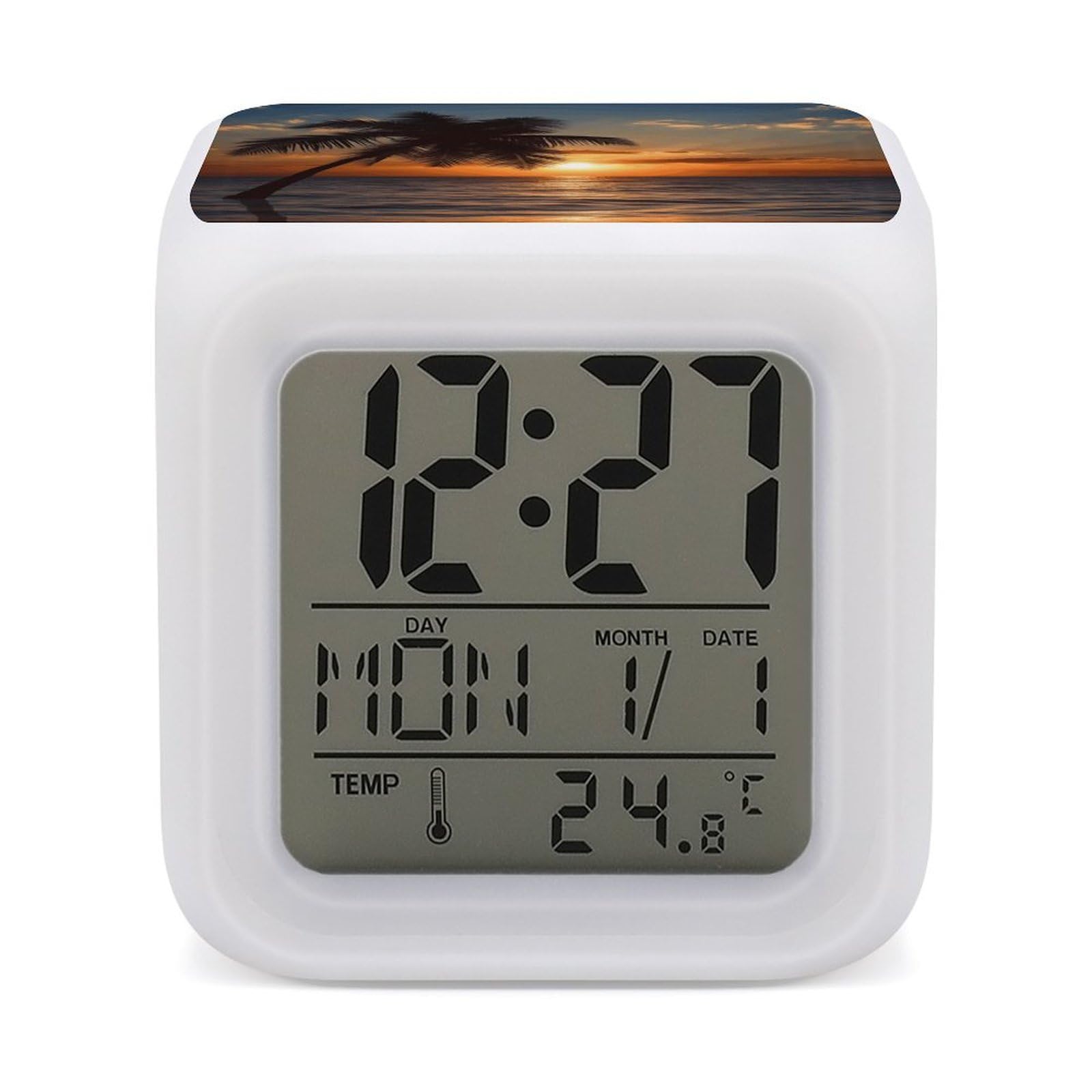 VstaDank Sunset Palm Tree Ocean Alarm Clock Alarm Clock with 7 Color Changing Digital Clocks for Bedrooms Sleep Training Clocks with Large Display for Office Kitchen Living Room