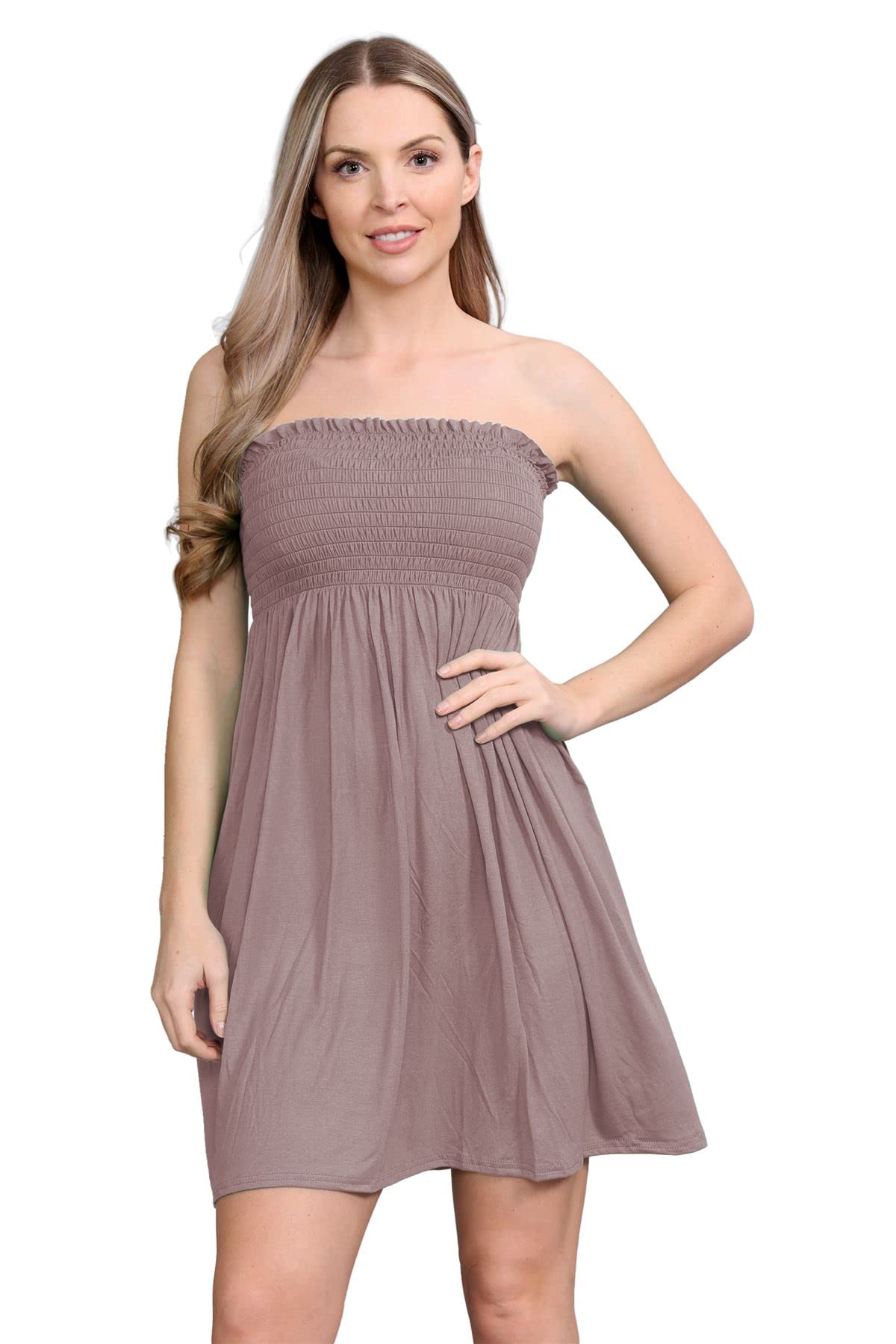 Janisramone Women's Mocha Janisramone® Bandeau Dress, Boob Tube Sheering Ruched Flared Mini Dress, Plain Strapless Summer Dresses, Perfect Holiday & Beach Dresses For Uk