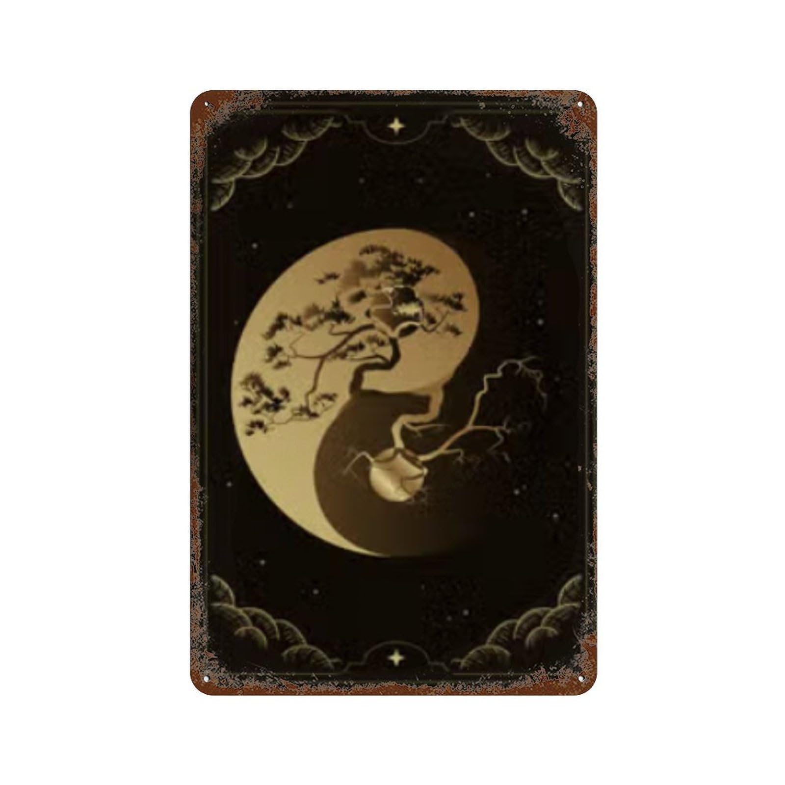 Rust Effect Full Moon Zen Journal Rustic Tin Plaque 11.8"x7.9", Shabby Chic Decor for Basement, Hobby Room And Garage Decor