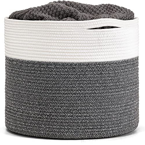 Image of Goodpick Large Cotton Rope Basket 15.8"x15.8"x13.8"-Baby Laundry Basket Woven Blanket Basket Nursery Bin, Gray