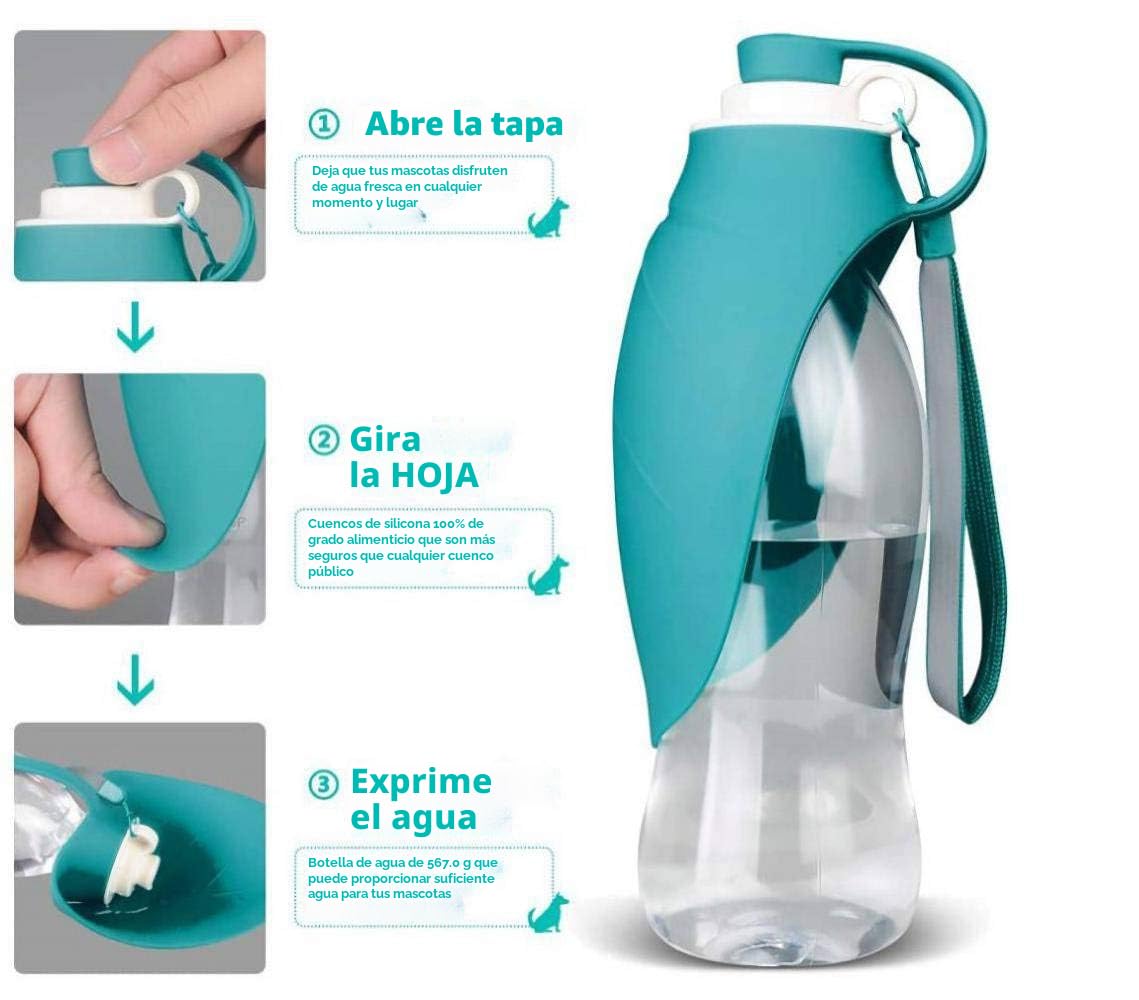 Botella de Agua portátil de Viaje para Perros, Tapa Plegable como Cuenco, Botella de Silicona, Exterior, 580 ml (Azul)