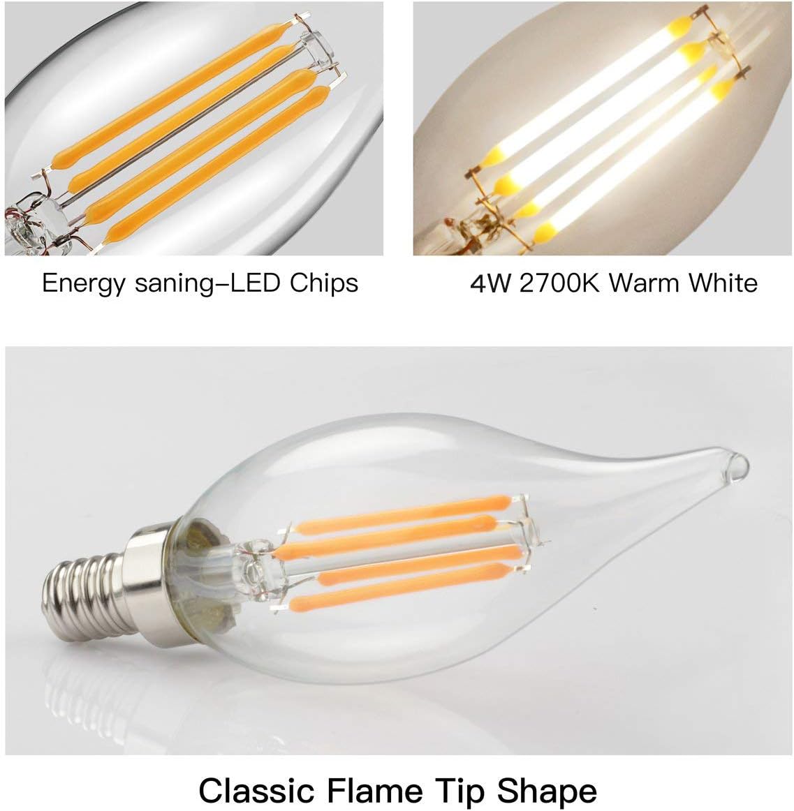 ohderii Candelabra LED Bulbs, E12 Base 4W (40W Equivalent) Chandelier Filament Candle Bulbs 400 Lumens 2700K Warm White Flame Tip Light Bulbs,Non-Dimmable (Warm White)