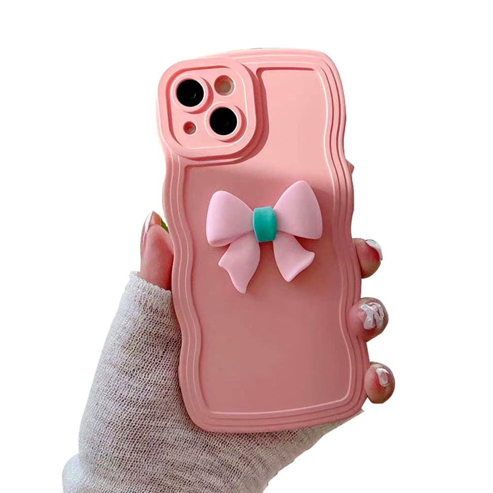 GO-VOLMON Cute Case for iPhone 14 Curly Wave Frame, Kawaii Bow Phone Case for iPhone 14 Soft Silicone, Girly Case for iPhone 14 Full Camera Protection, Lovely Women Case for iPhone 14 (Pink)