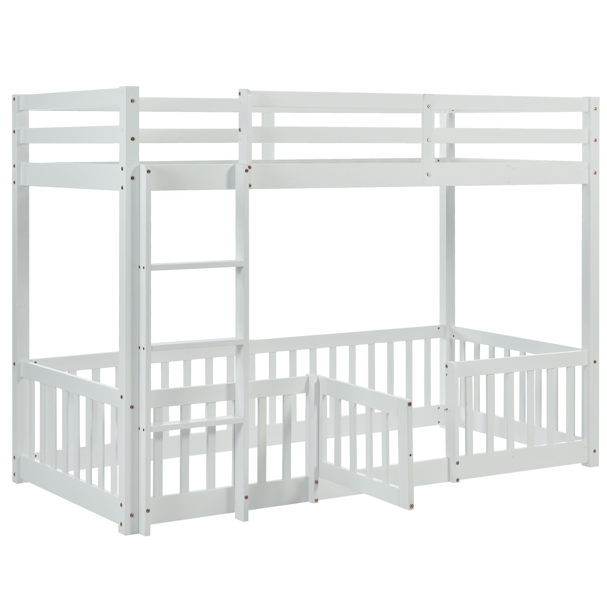 Etagenbett Kinderbett 90 x 200 mit Zäune und Türchen, Hochbett für 2 Kinder, Massivholz Bodenbett Stockbett Funktionsbett Jugendbett mit Leiter, Doppelbett mit Rausfallschutz und Lattenrost, Weiß