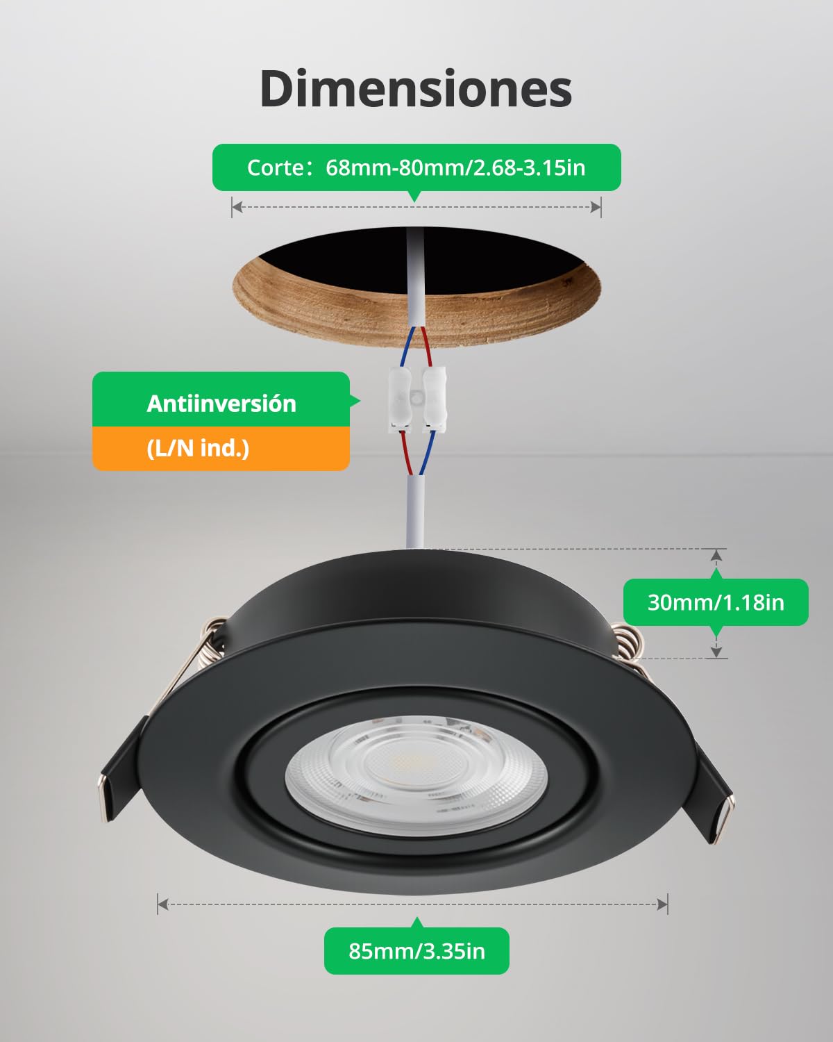 Bojim Downlight LED Techo Empotrable Regulables 7W 230V | Focos LED Interior Negro Corte 68mm - 80mm IP44, para Cocina Baño Habitación, 10 Pack