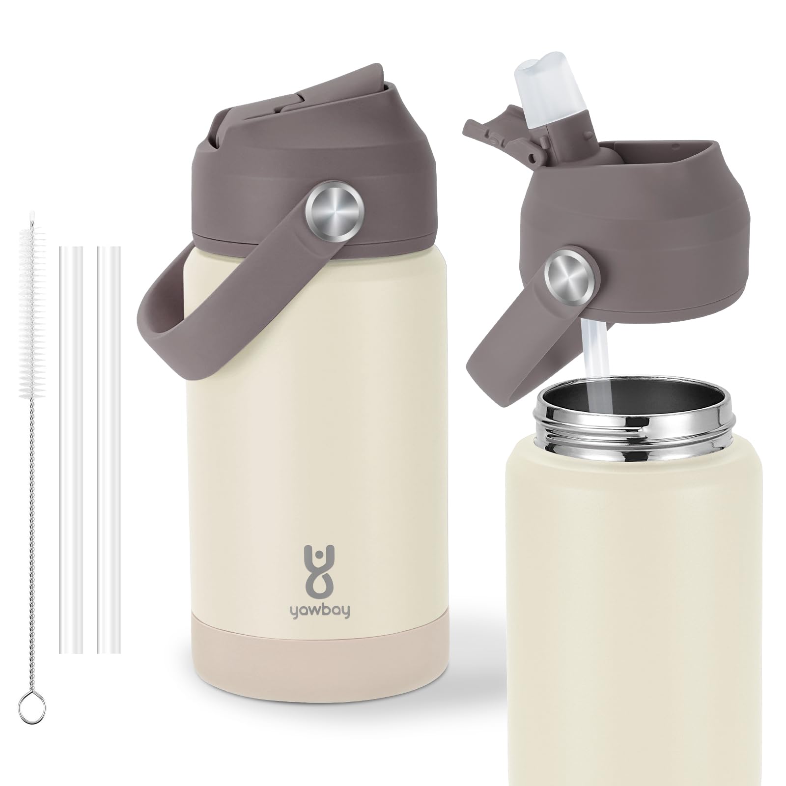 Kids Insulated Water Bottle with Straw Lid & Silicone Handle,12oz Kids Leak Proof Water Bottle for School Boys Girls,Double Wall Vacuum Stainless Steel with Non-slip Silicone Base(Beige)