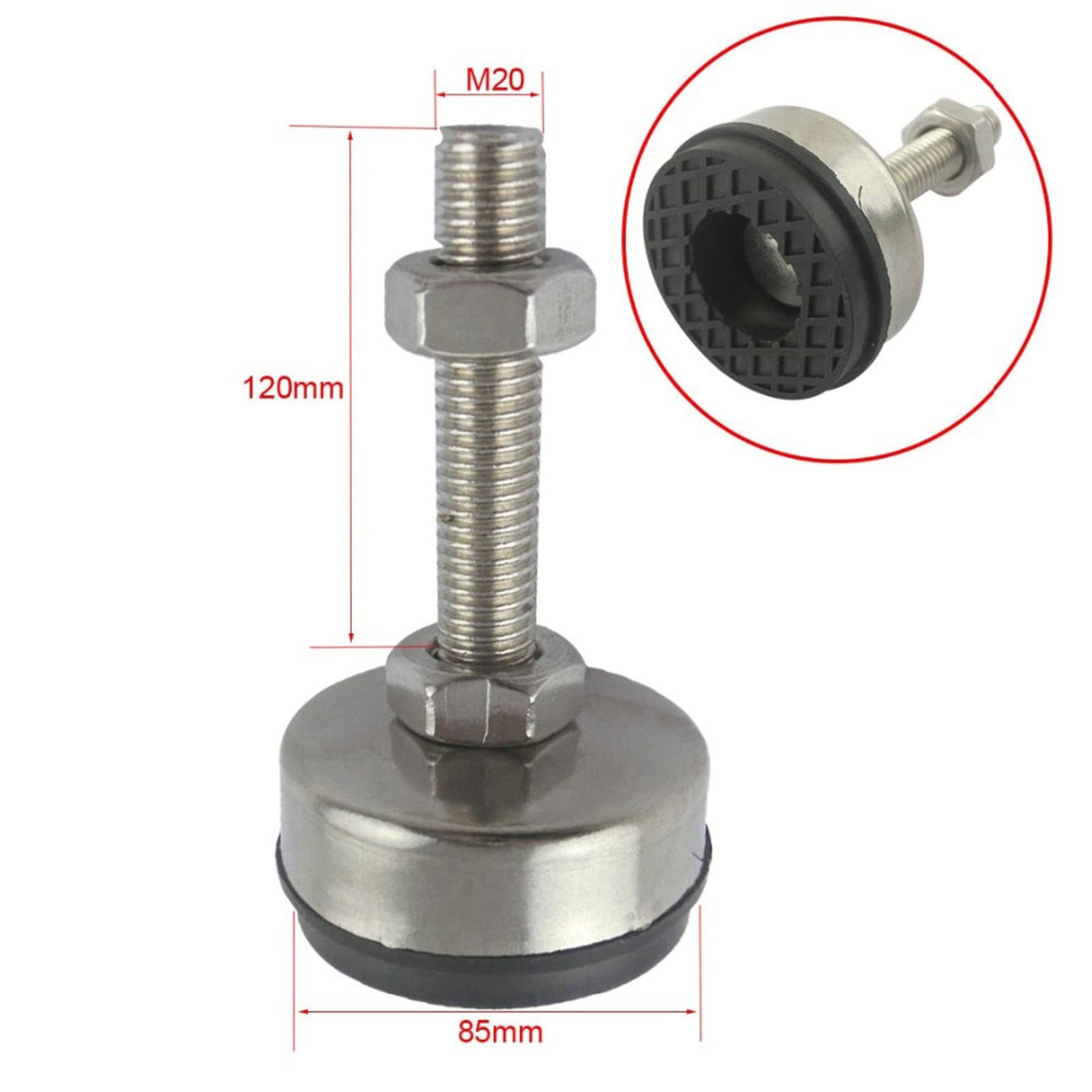 2 Patas Niveladoras De Rosca Ajustables for Muebles M20 X 120 Mm, Acero Inoxidable Con Base De Goma De 85 Mm De Diámetro, for Sofá, Gabinete, Talleres, Oficinas, Patas De Soporte | Stainless Steel With Rubber Base 85mm Diameter For Sofa Cabinet Workshops