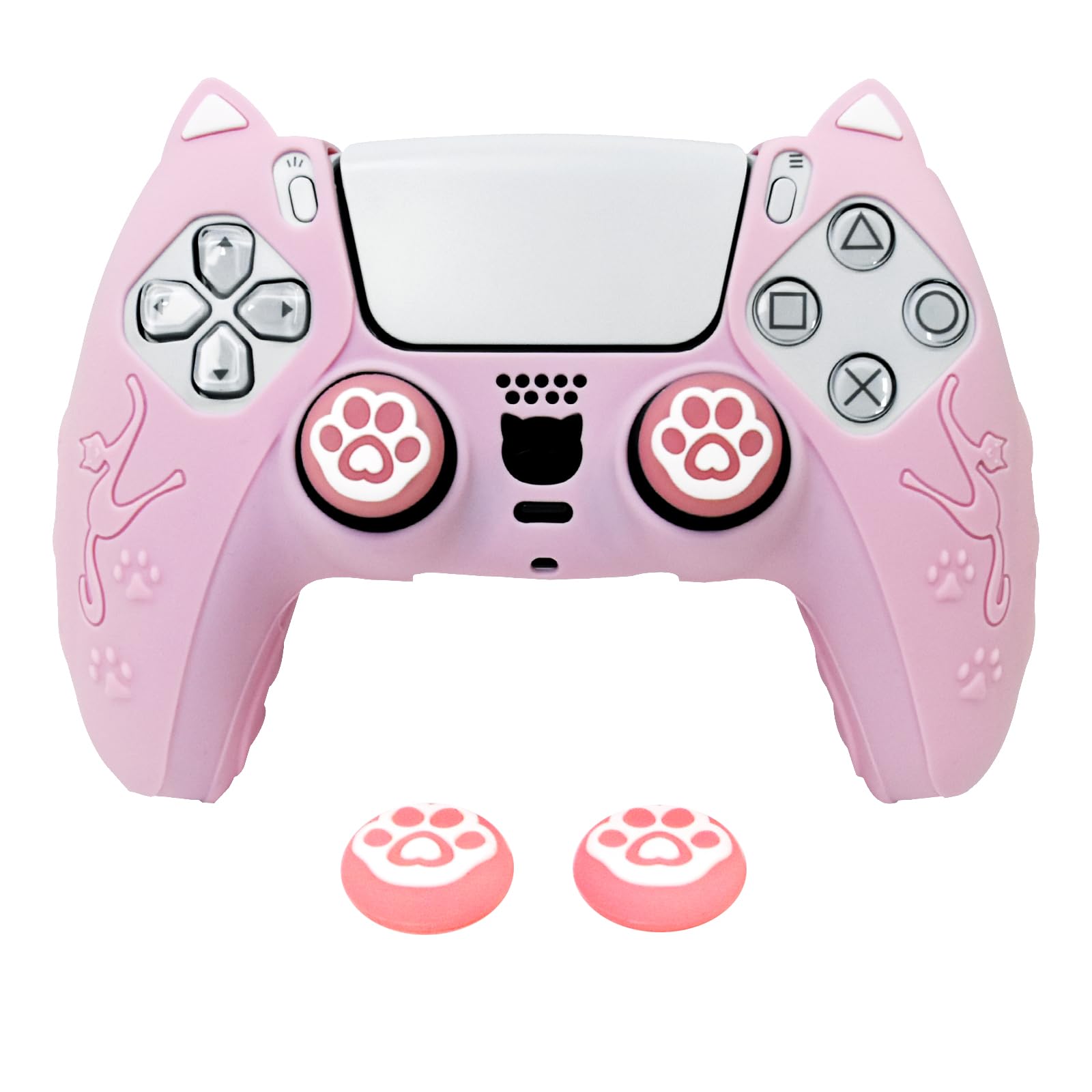 Pink Cat Ear PS5 Controller Cover - Cute Silicone Skin with Cat Paw Prints 2 Matching Cat Paw