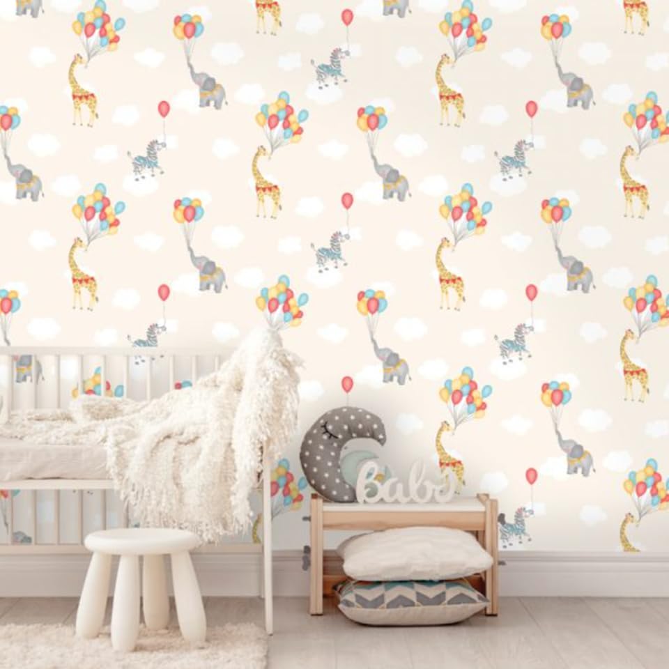 Animal Balloons Wallpaper - Colorful Zebras, Elephants, Giraffes Design, Washable, Paste The Paper, Cream Background, Children's Room Decor, 0.53m x 10.05m Roll