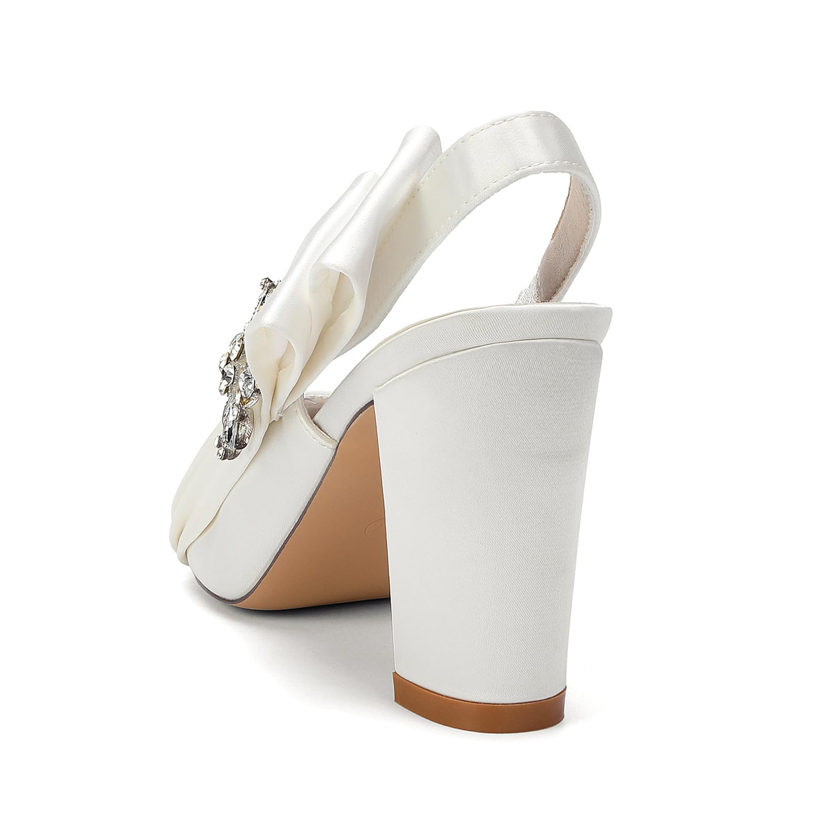 Generico Scarpe Sposa Donna Satin Décolleté Slingback Tacco Largo 8,5 cm Punta Elegante con Fiocco Gioiello e Strass Bridal Heels